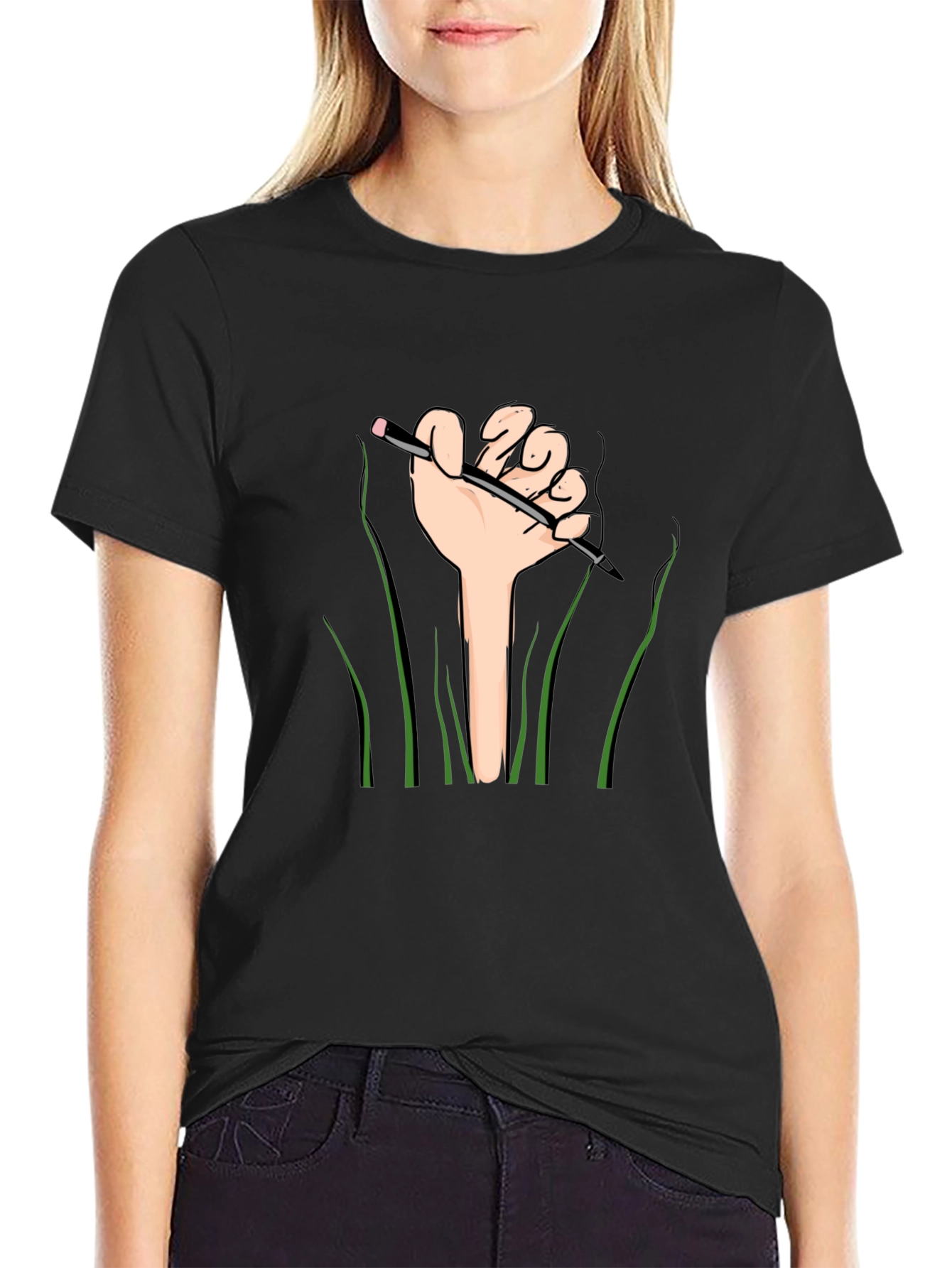 Graphic Tee: Hand Holding Pencil Design - Black Shirt