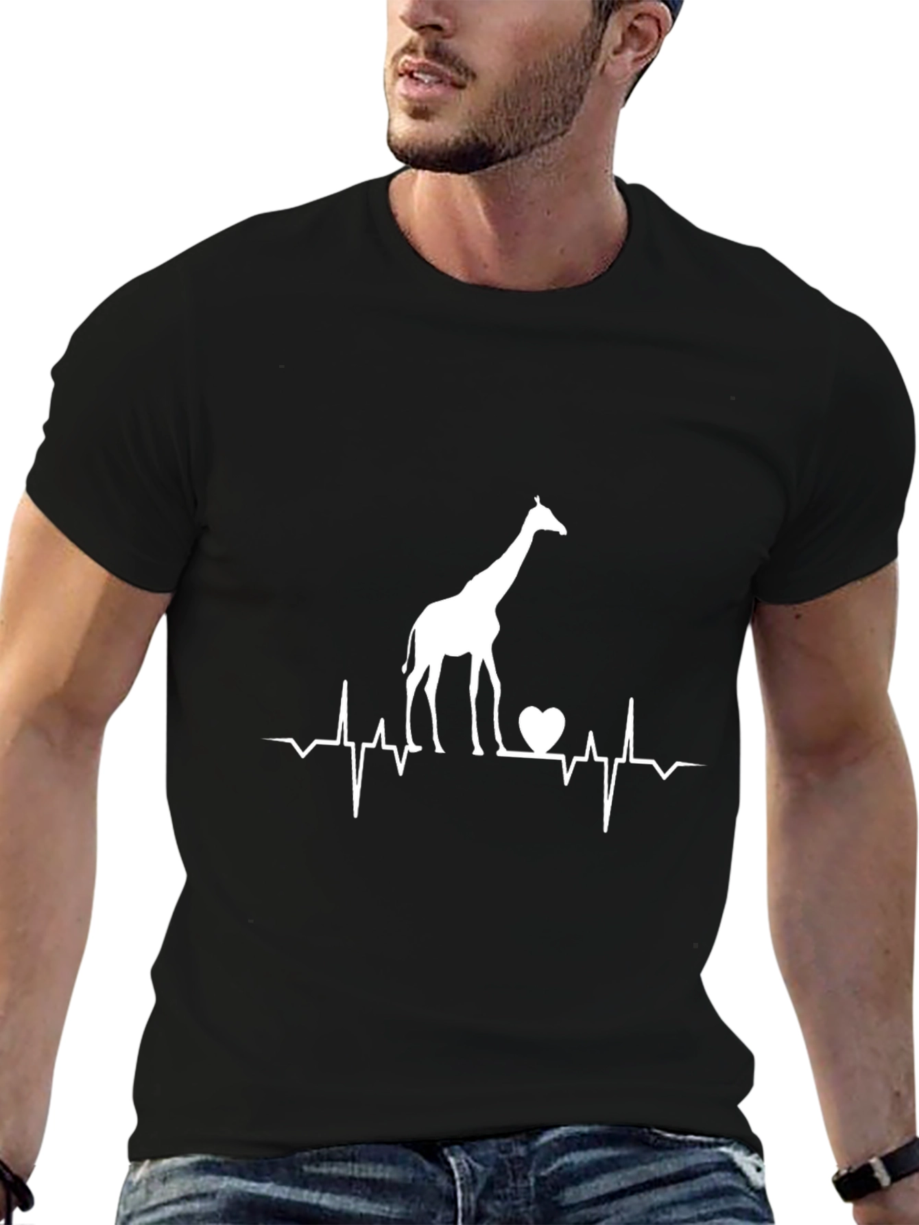 Giraffe Heartbeat Graphic Tee - Black Cotton T-Shirt
