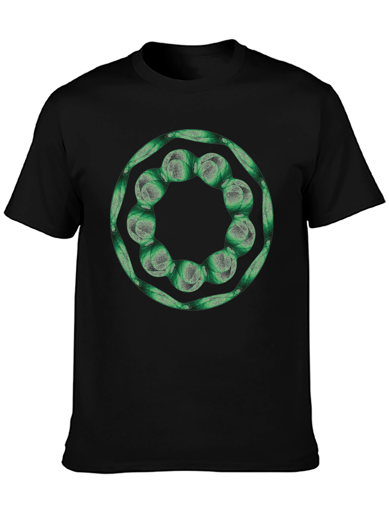 Geometric Green Floral Ring Black T-Shirt
