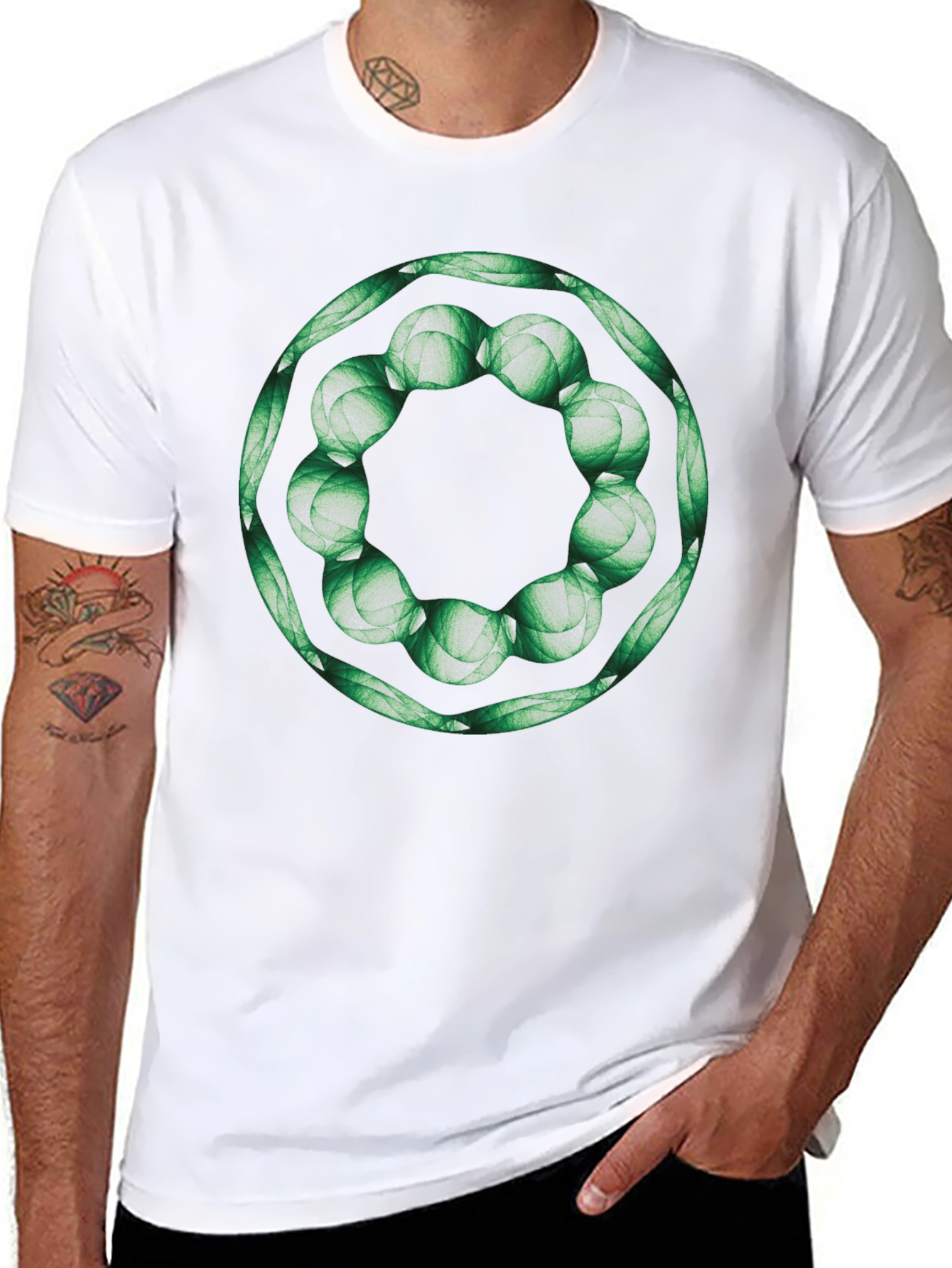 Geometric Green Floral Ring Black T-Shirt