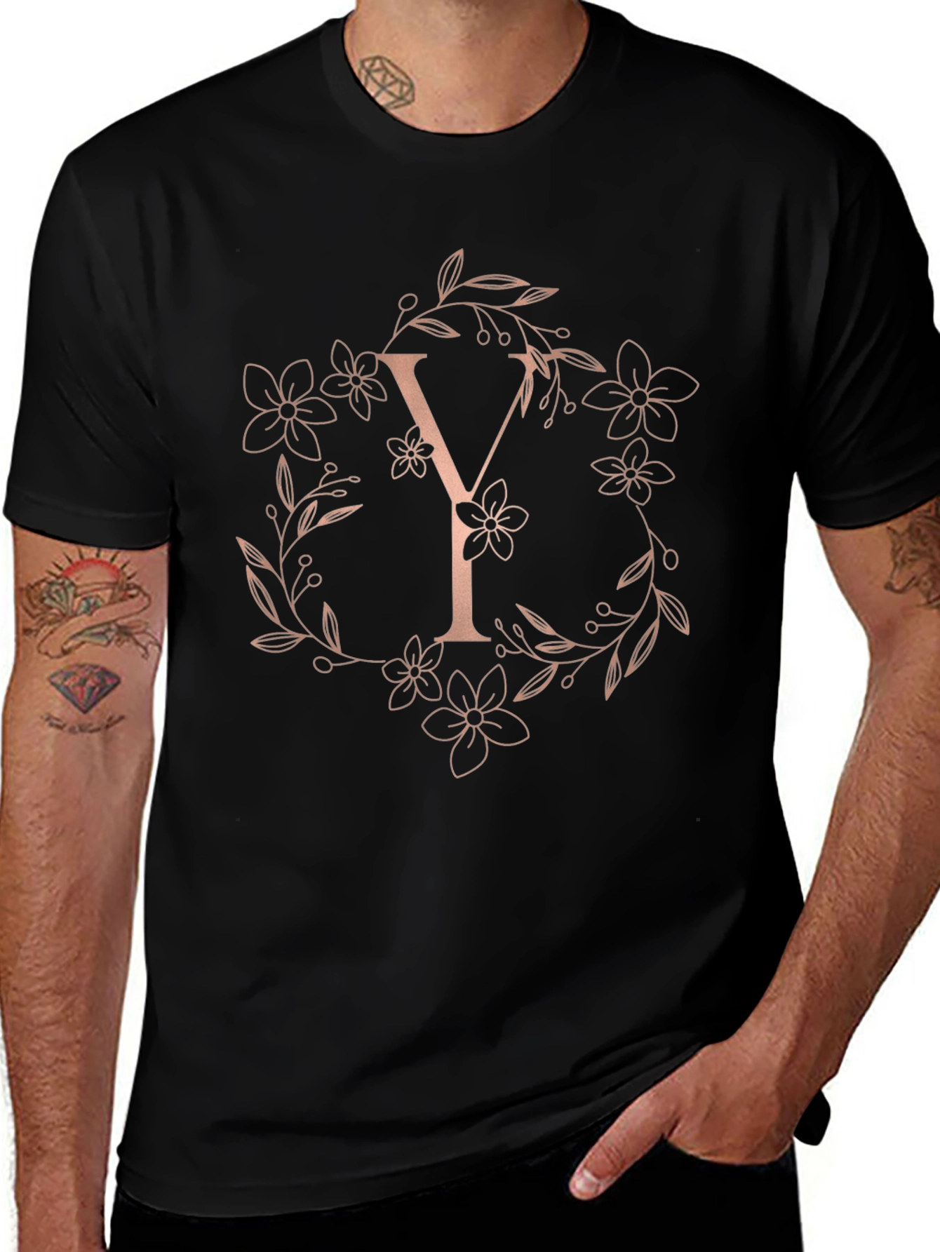 Elegant Letter Y Floral Wreath Black T-Shirt