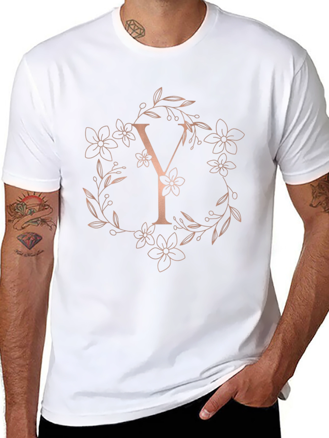 Elegant Letter Y Floral Wreath Black T-Shirt
