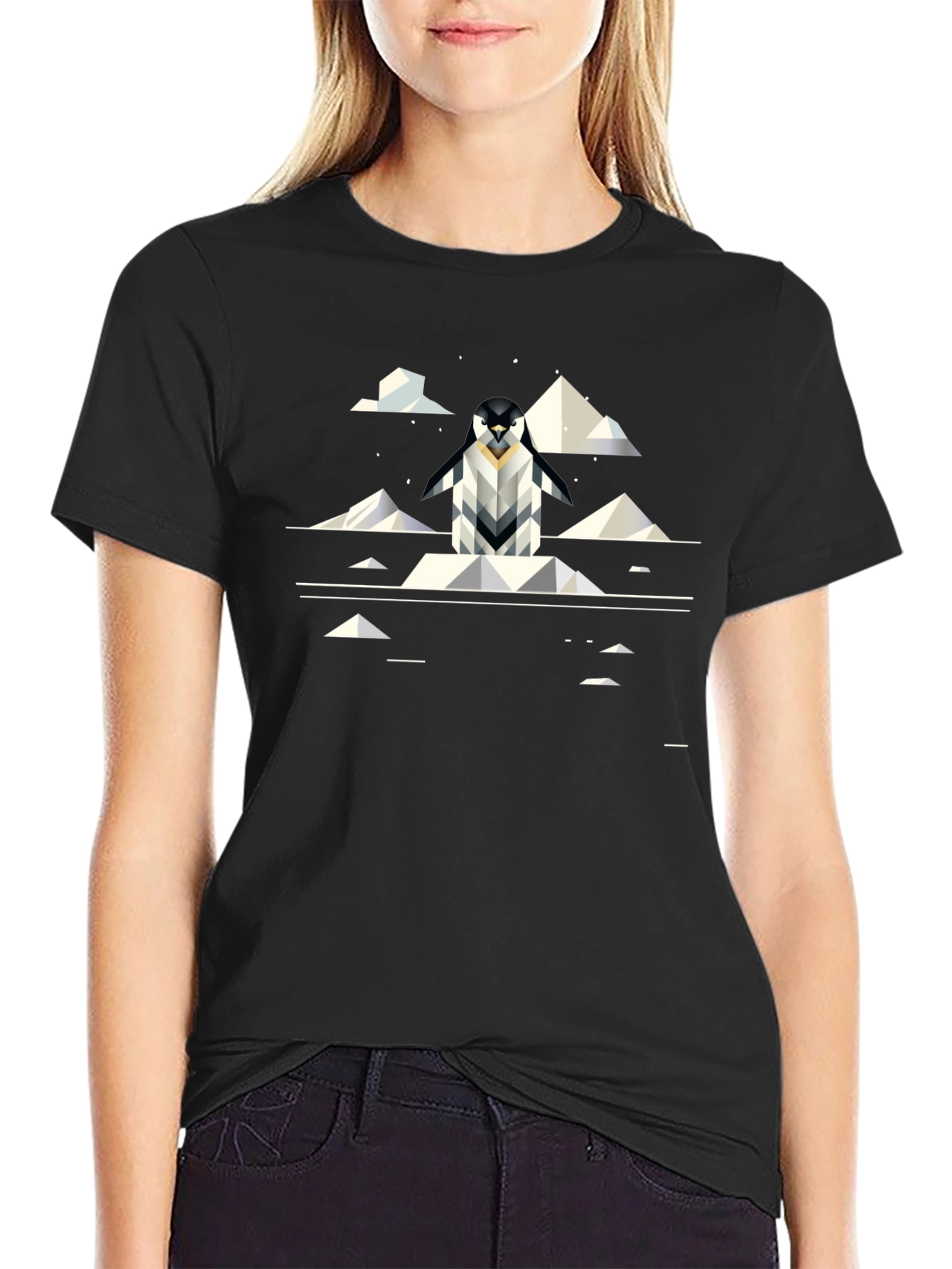 Geometric Penguin Graphic Black T-Shirt