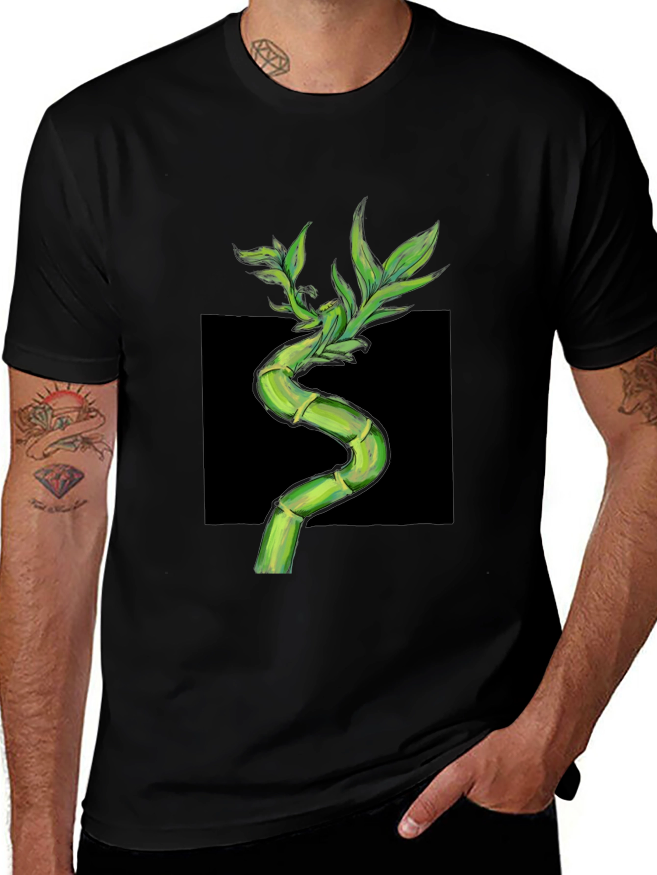 Bamboo Print Black T-Shirt