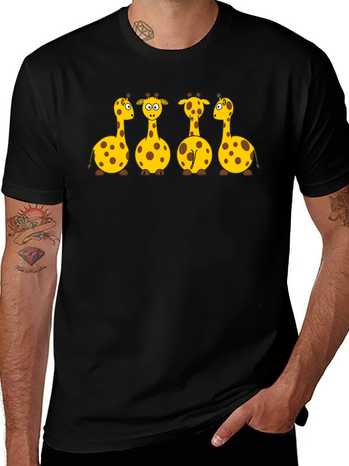 Giraffe Cartoon Graphic Print Black T-Shirt