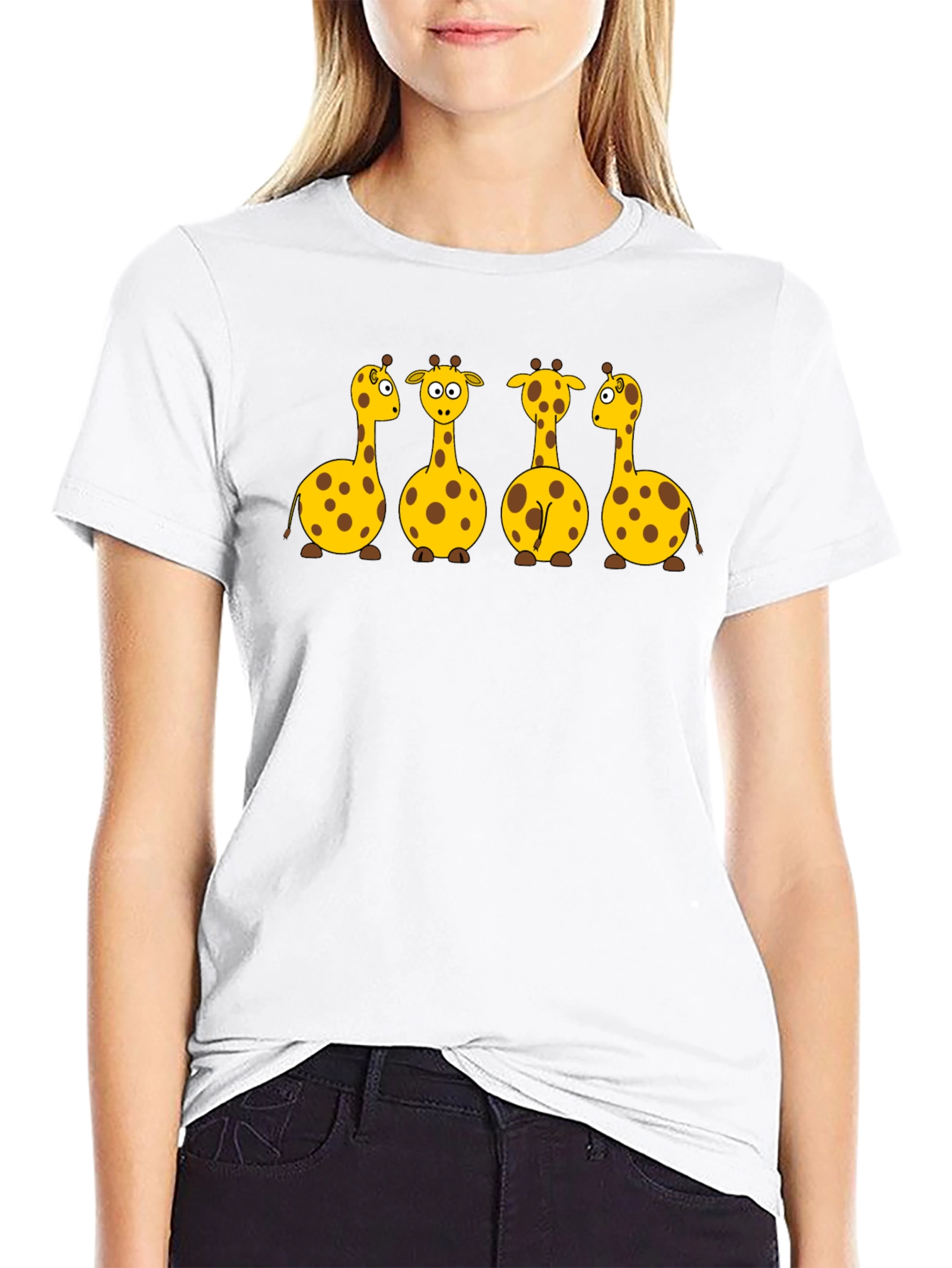 Giraffe Cartoon Graphic Print Black T-Shirt