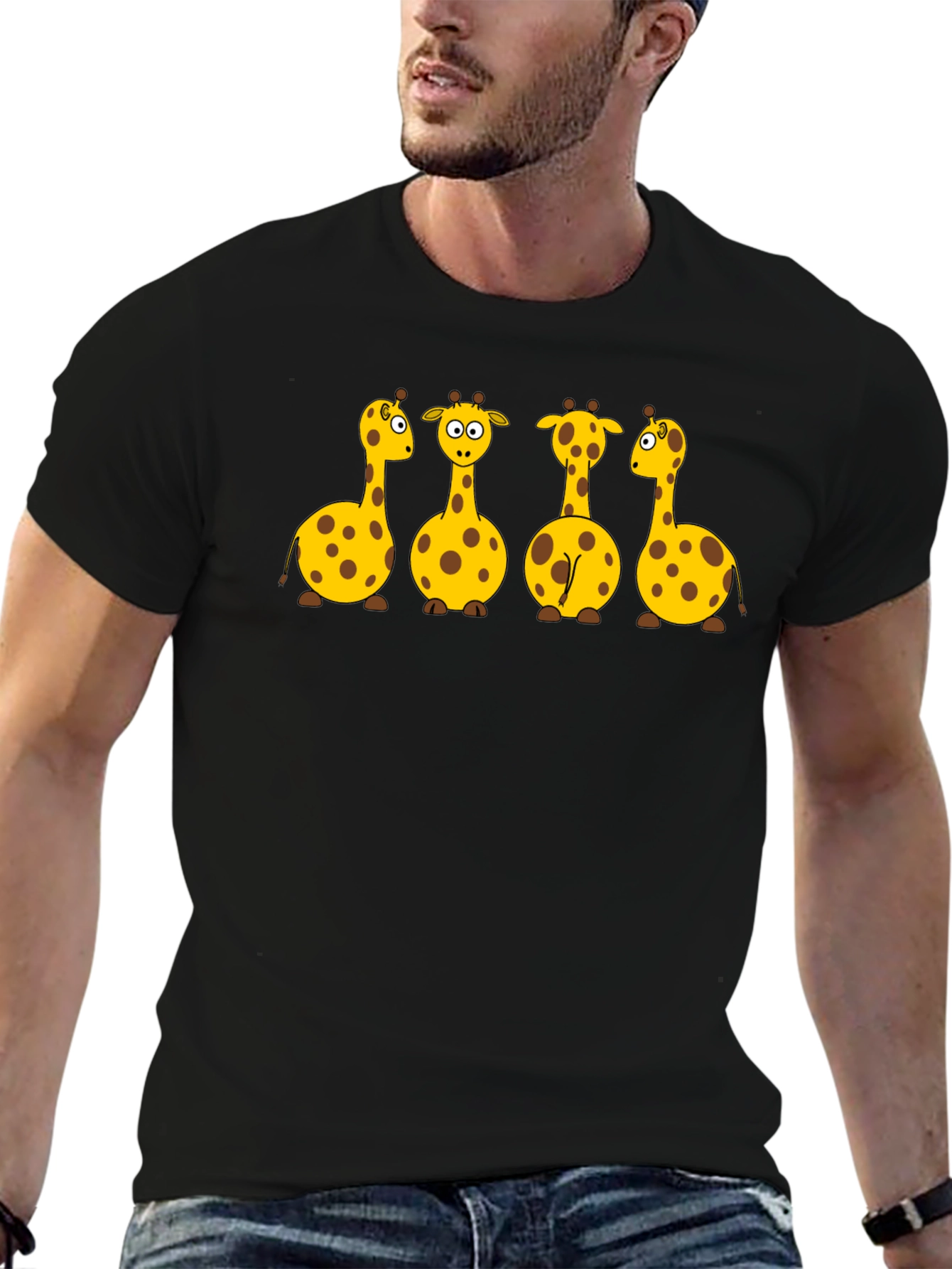 Giraffe Cartoon Graphic Print Black T-Shirt