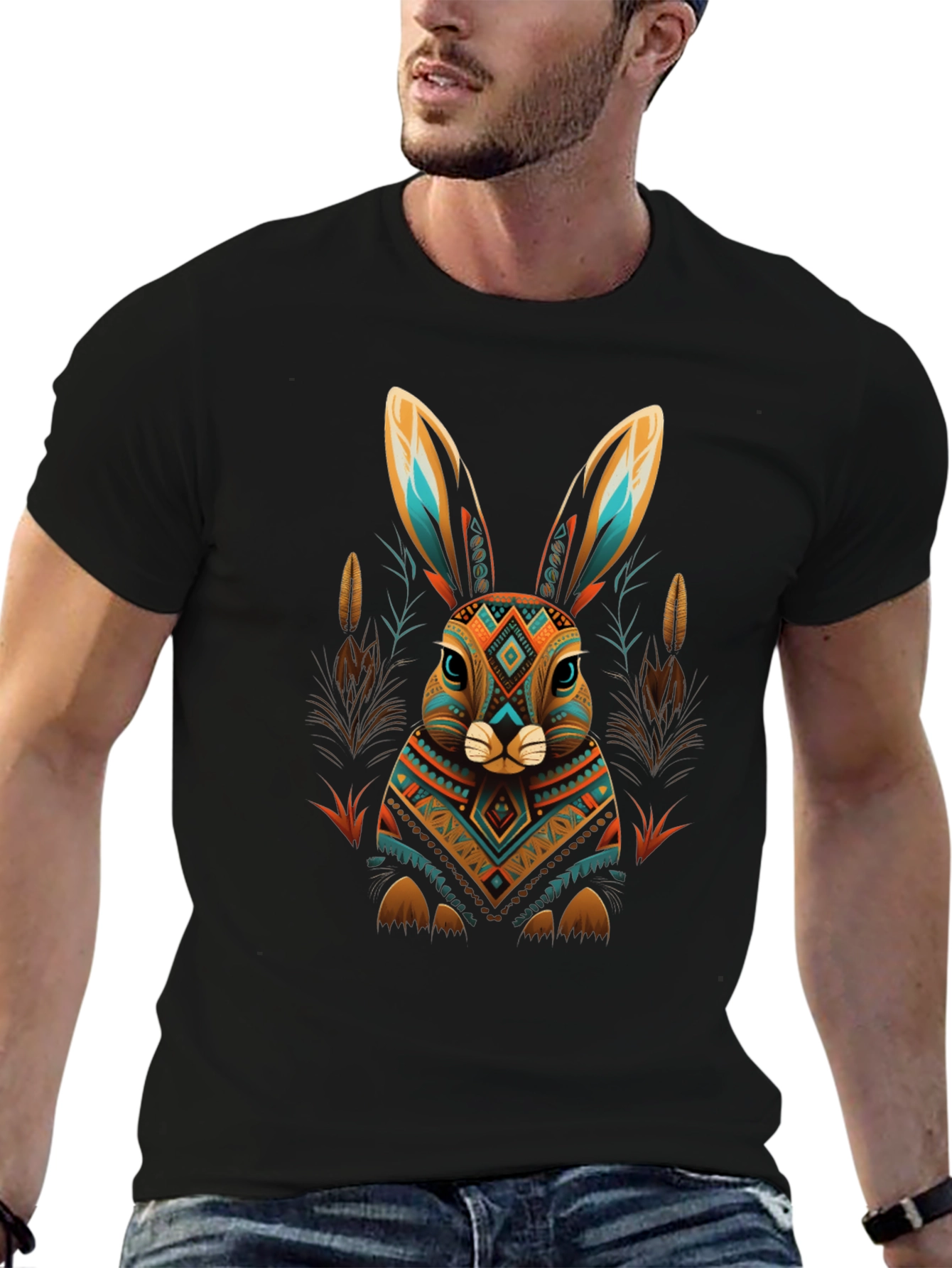 Aztec Rabbit Graphic Tee - Black Cotton Blend