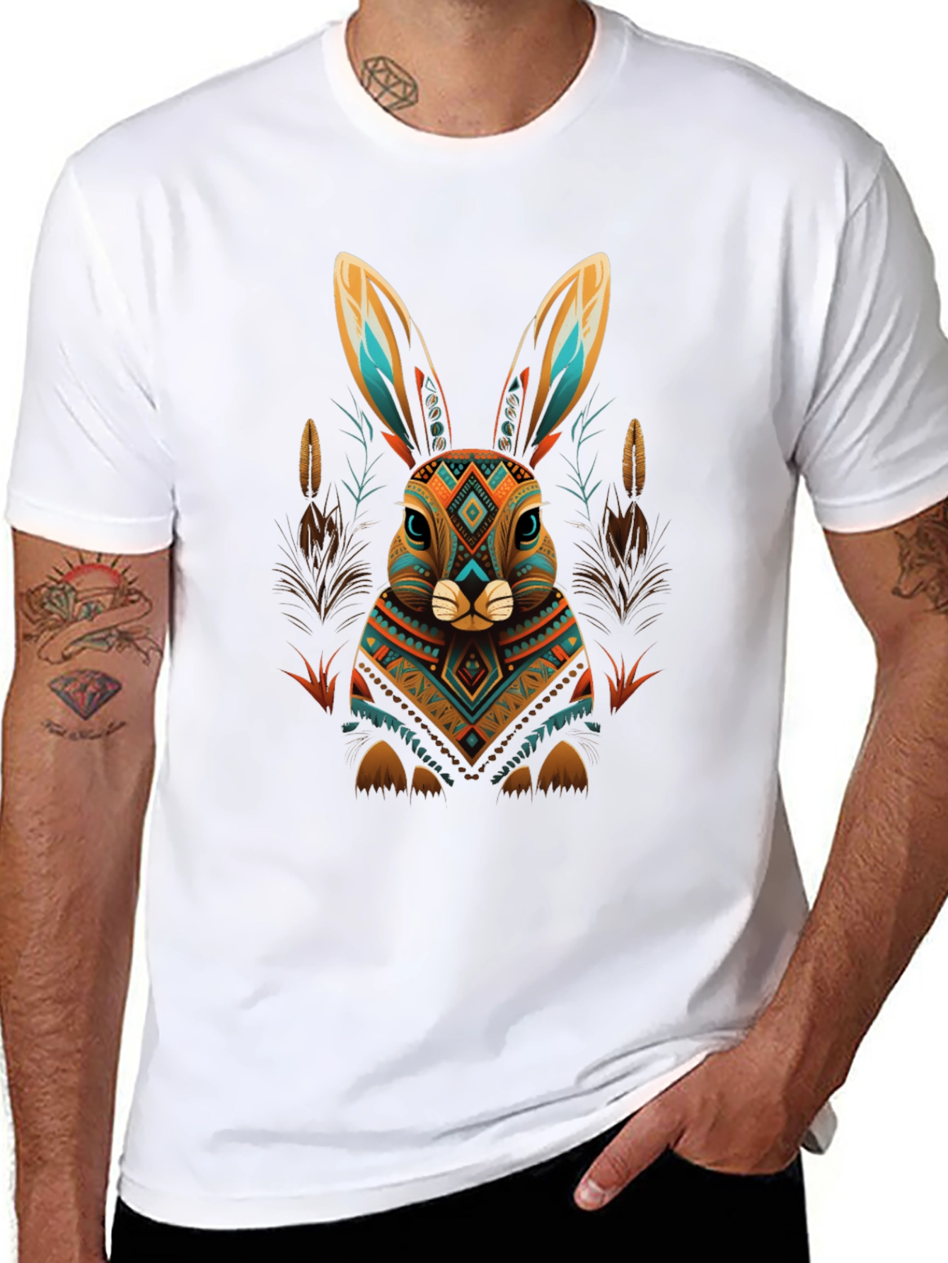 Aztec Rabbit Graphic Tee - Black Cotton Blend