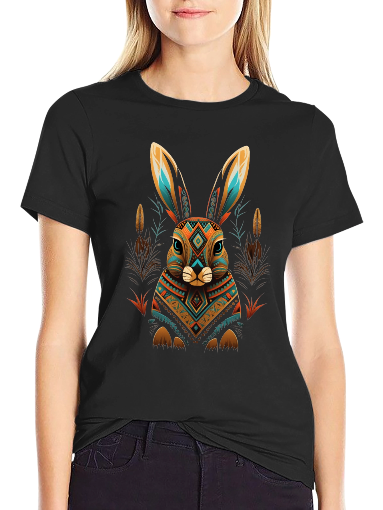 Aztec Rabbit Graphic Tee - Black Cotton Blend