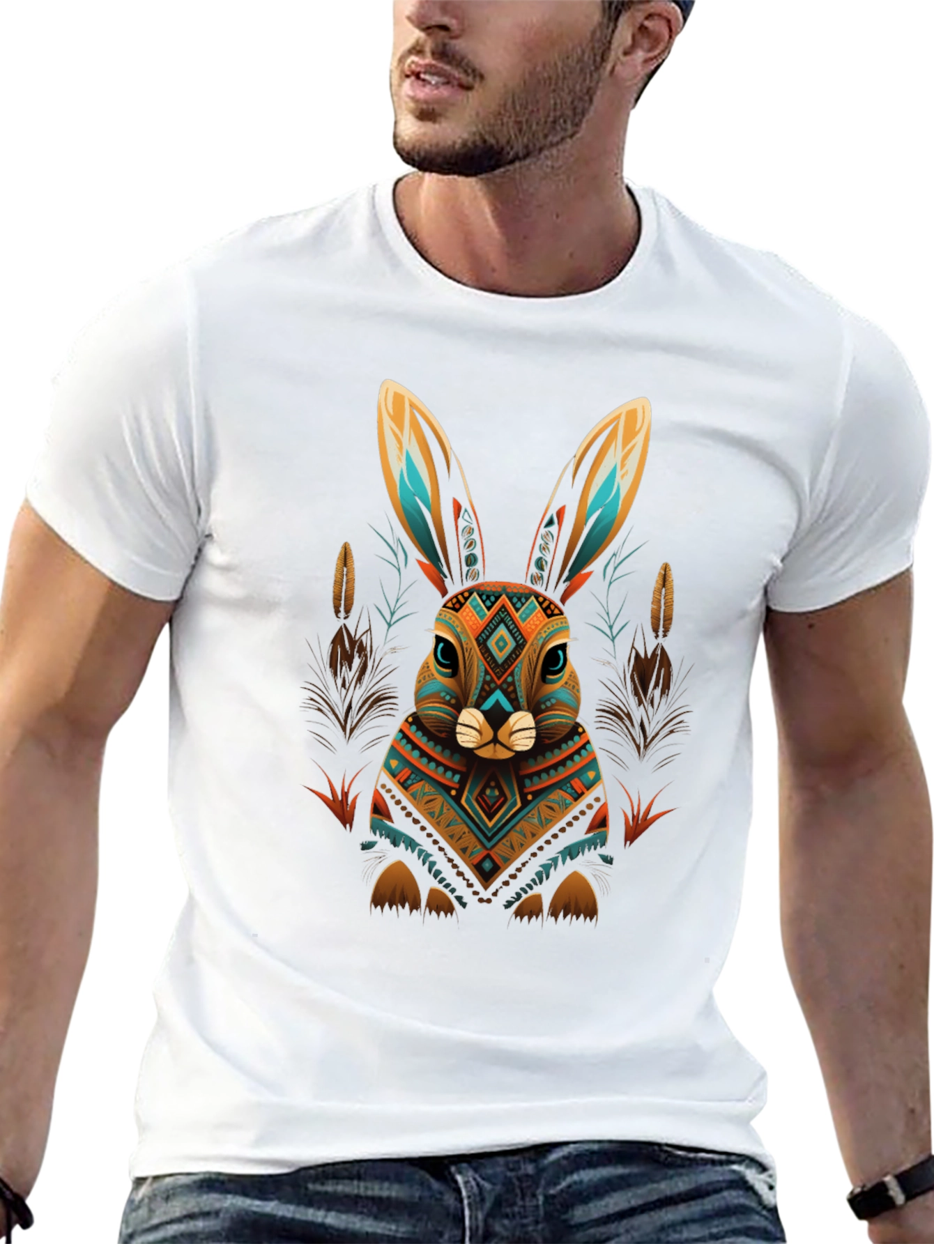 Aztec Rabbit Graphic Tee - Black Cotton Blend