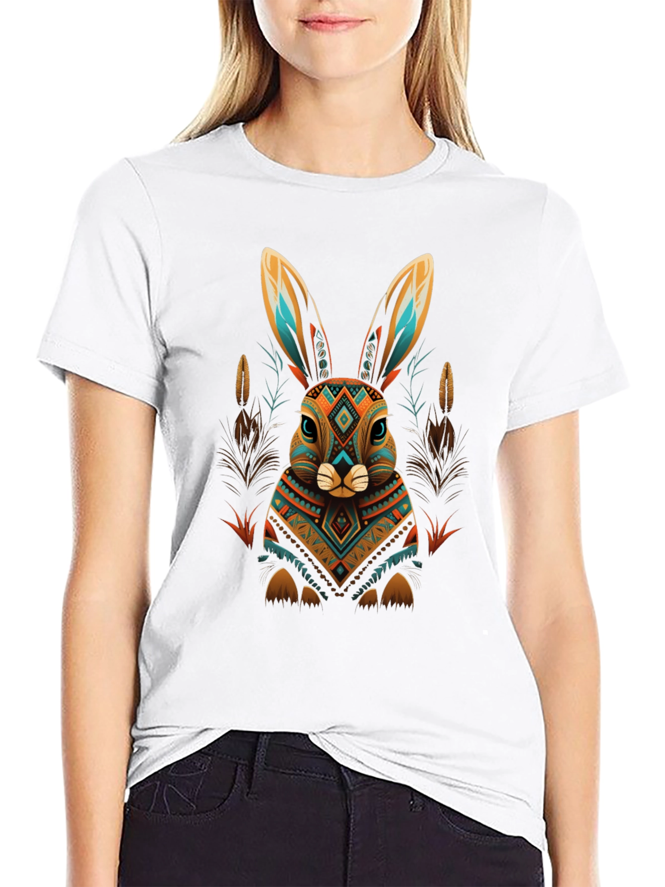 Aztec Rabbit Graphic Tee - Black Cotton Blend
