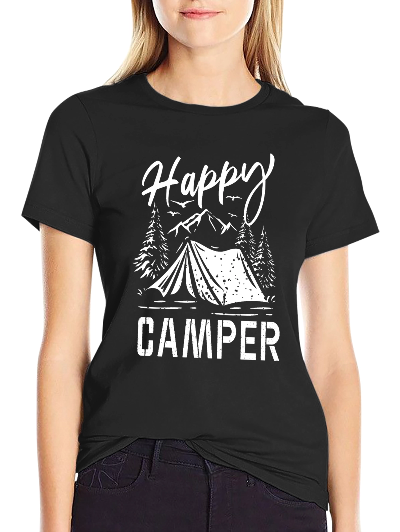 Happy Camper Graphic Tee - Black Cotton Camping Shirt