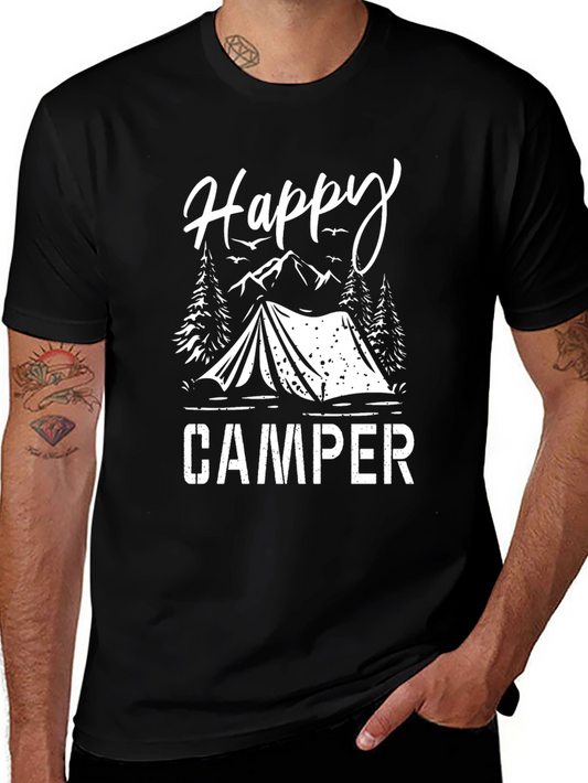 Happy Camper Graphic Tee - Black Cotton Camping Shirt