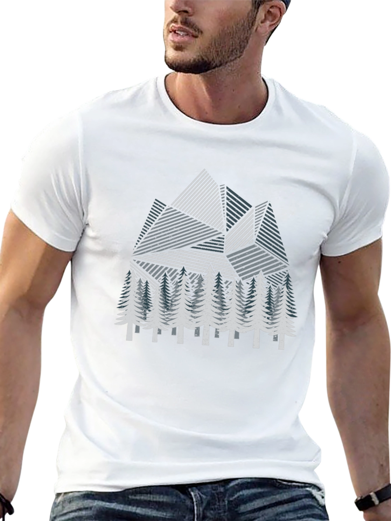 Geometric Mountain & Pine Tree Graphic T-Shirt