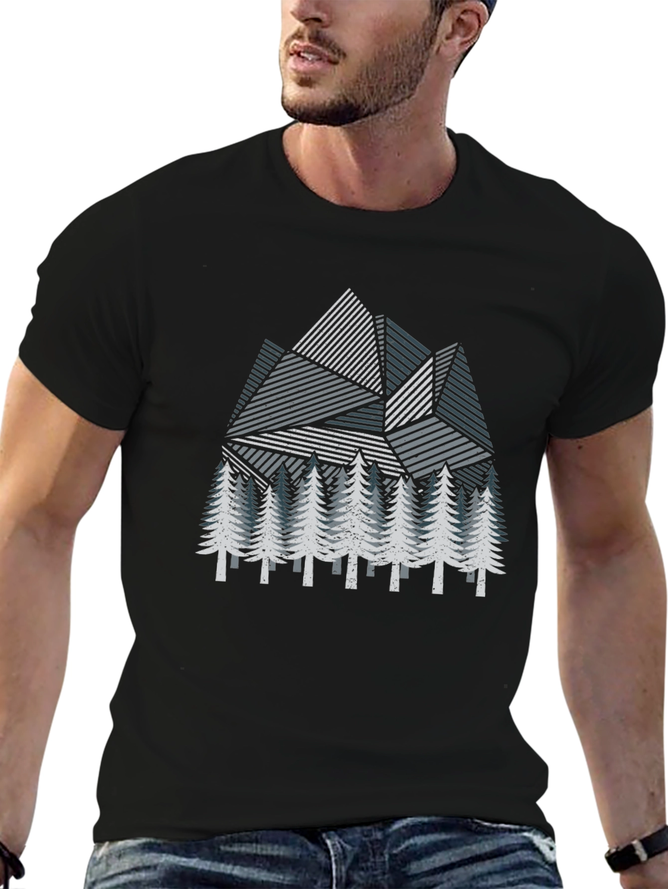 Geometric Mountain & Pine Tree Graphic T-Shirt