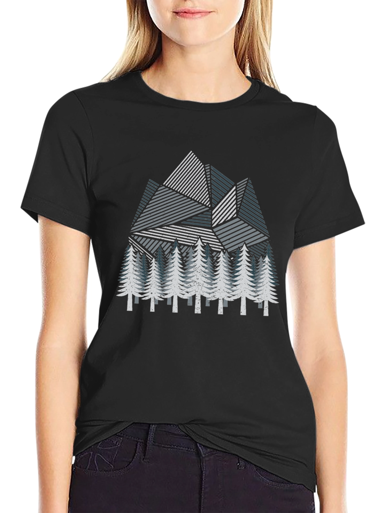 Geometric Mountain & Pine Tree Graphic T-Shirt