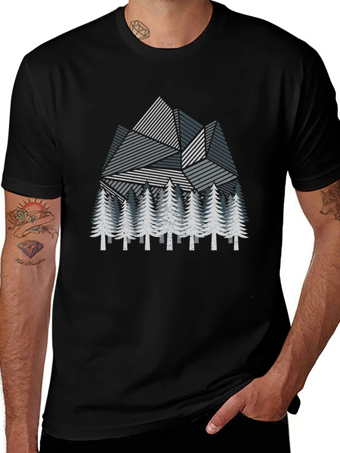 Geometric Mountain & Pine Tree Graphic T-Shirt