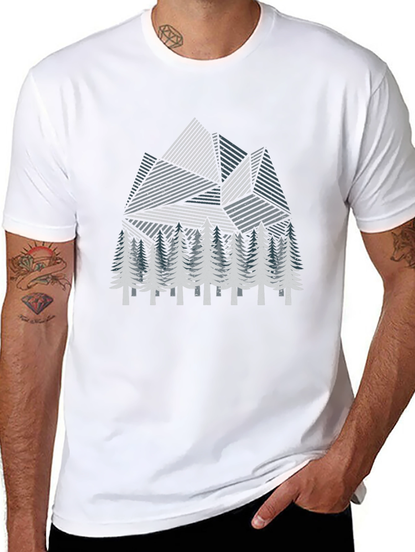 Geometric Mountain & Pine Tree Graphic T-Shirt