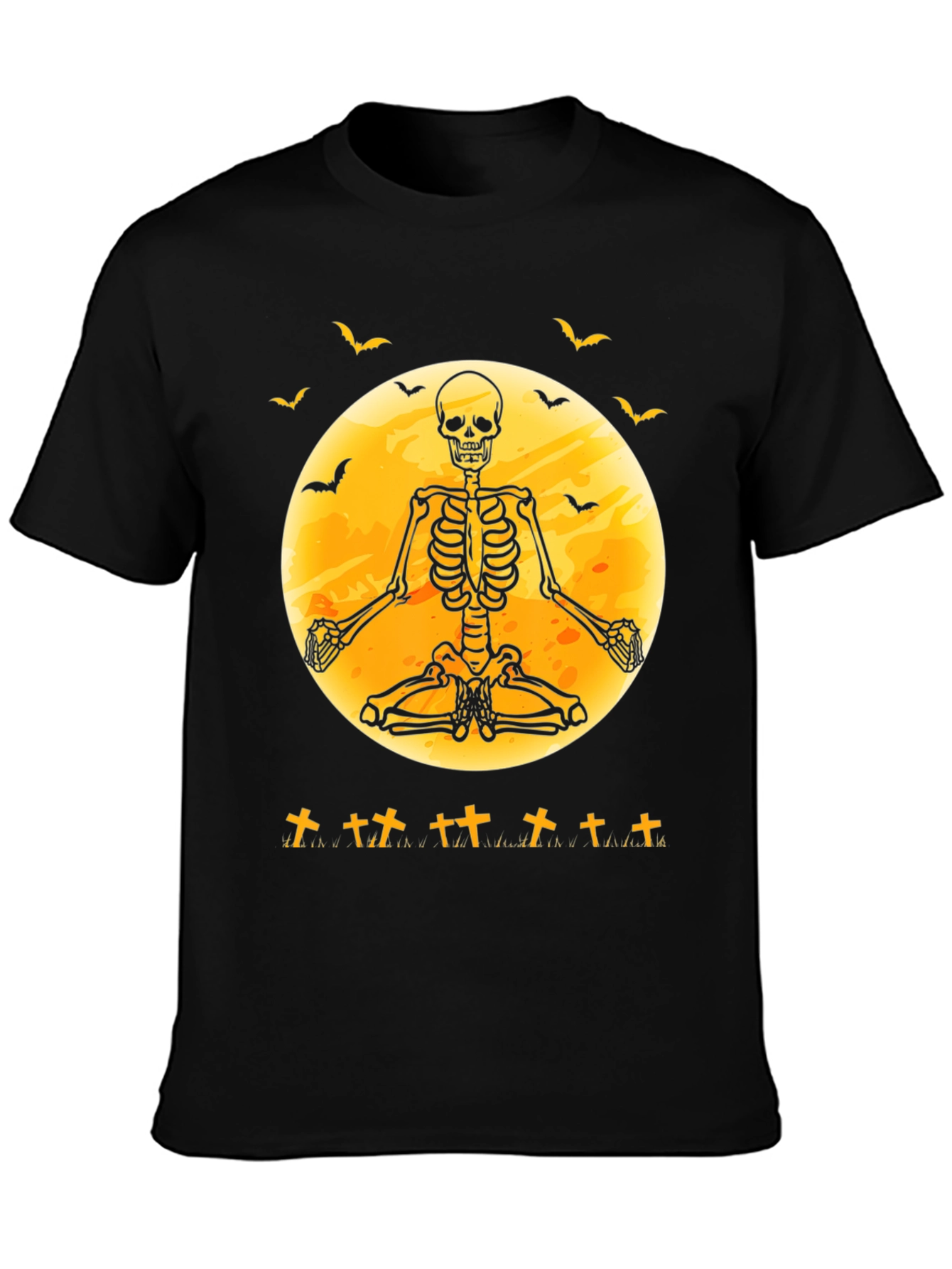Halloween Skeleton Yoga Moon Black T-Shirt
