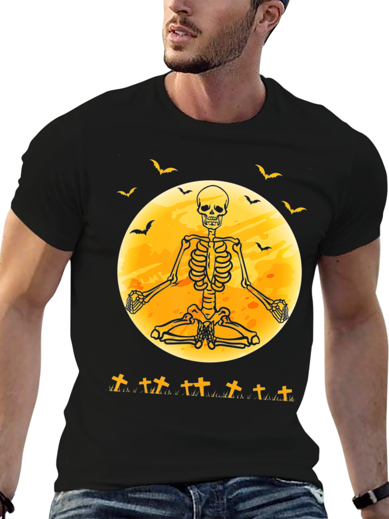 Halloween Skeleton Yoga Moon Black T-Shirt