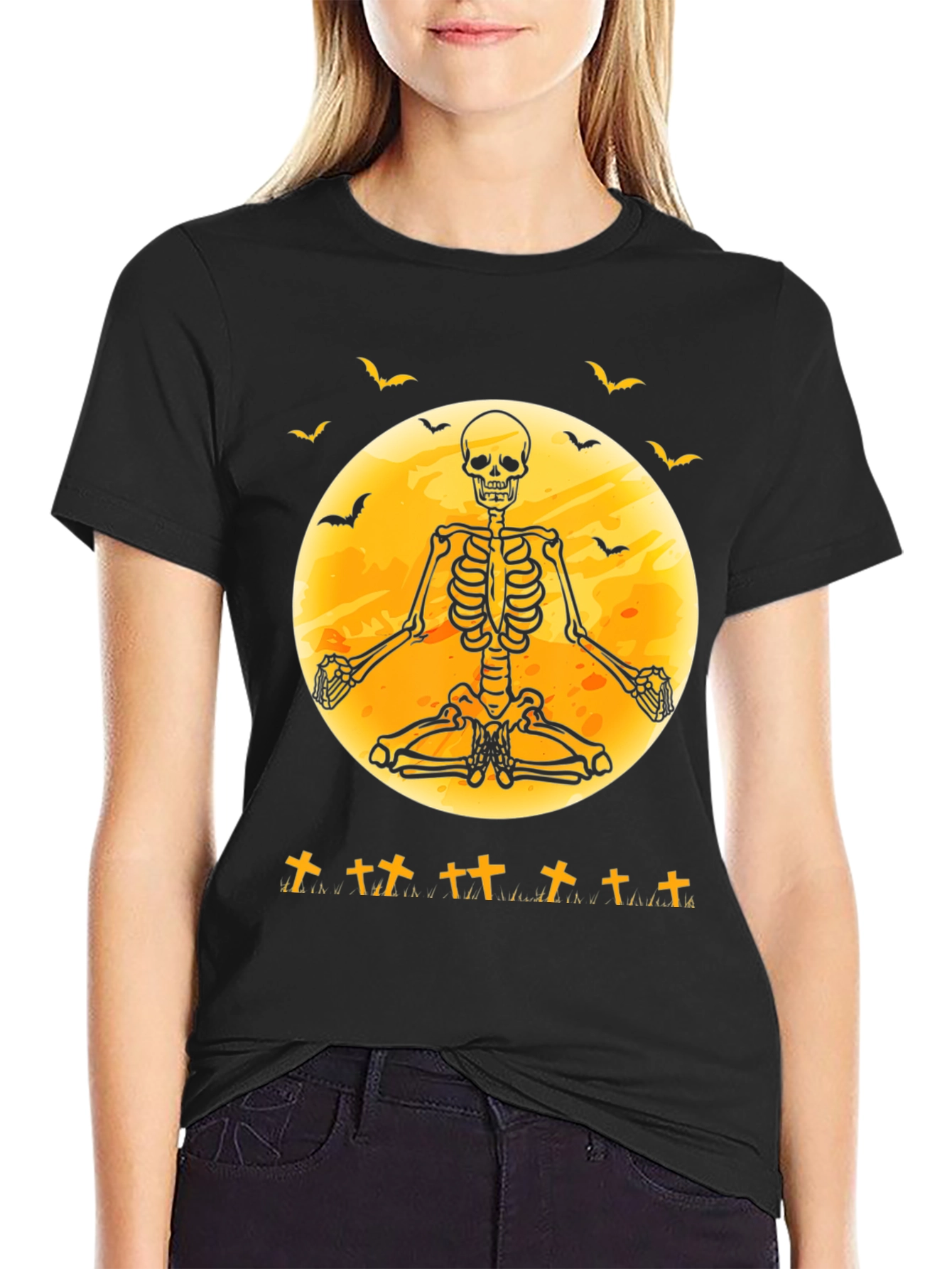 Halloween Skeleton Yoga Moon Black T-Shirt