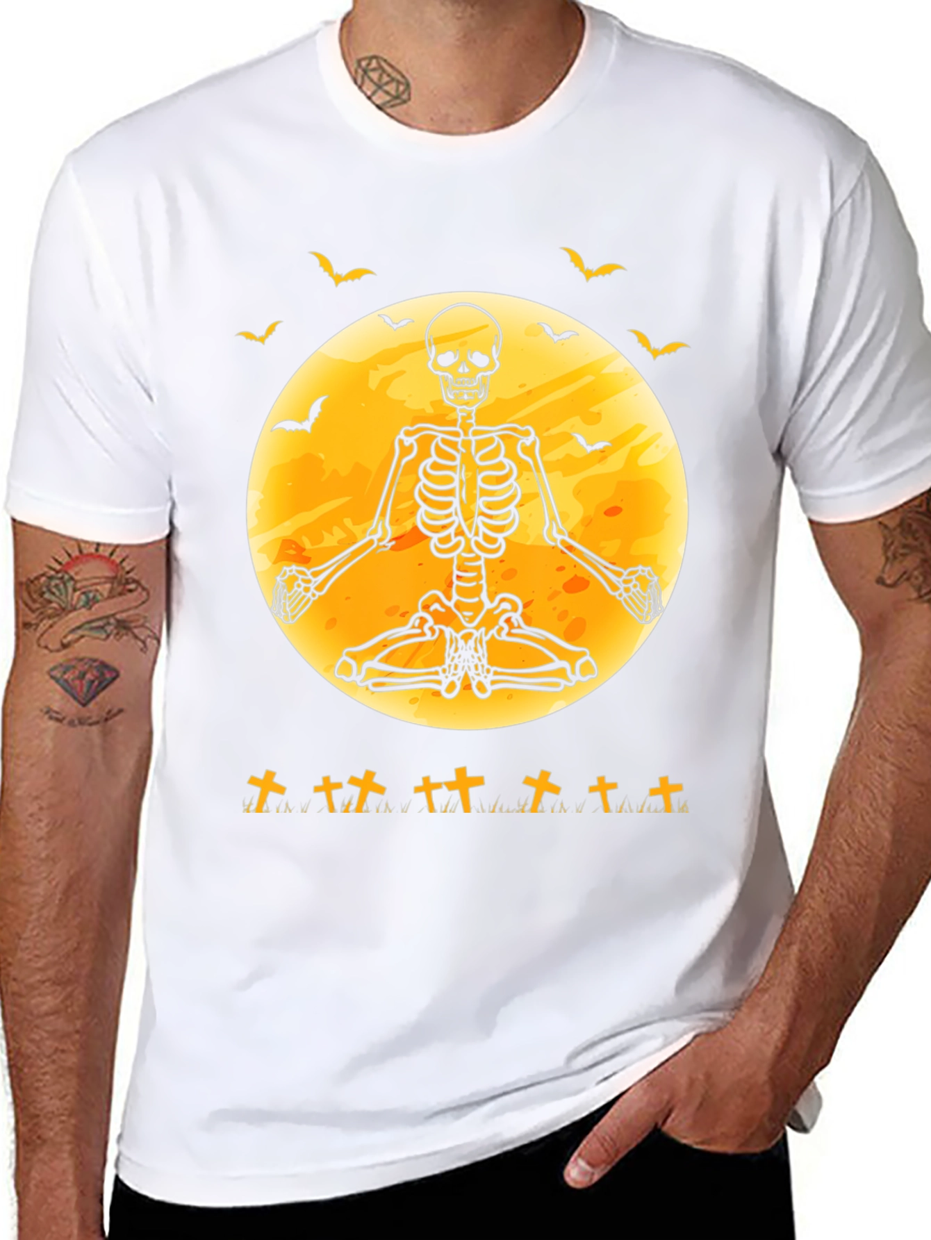 Halloween Skeleton Yoga Moon Black T-Shirt