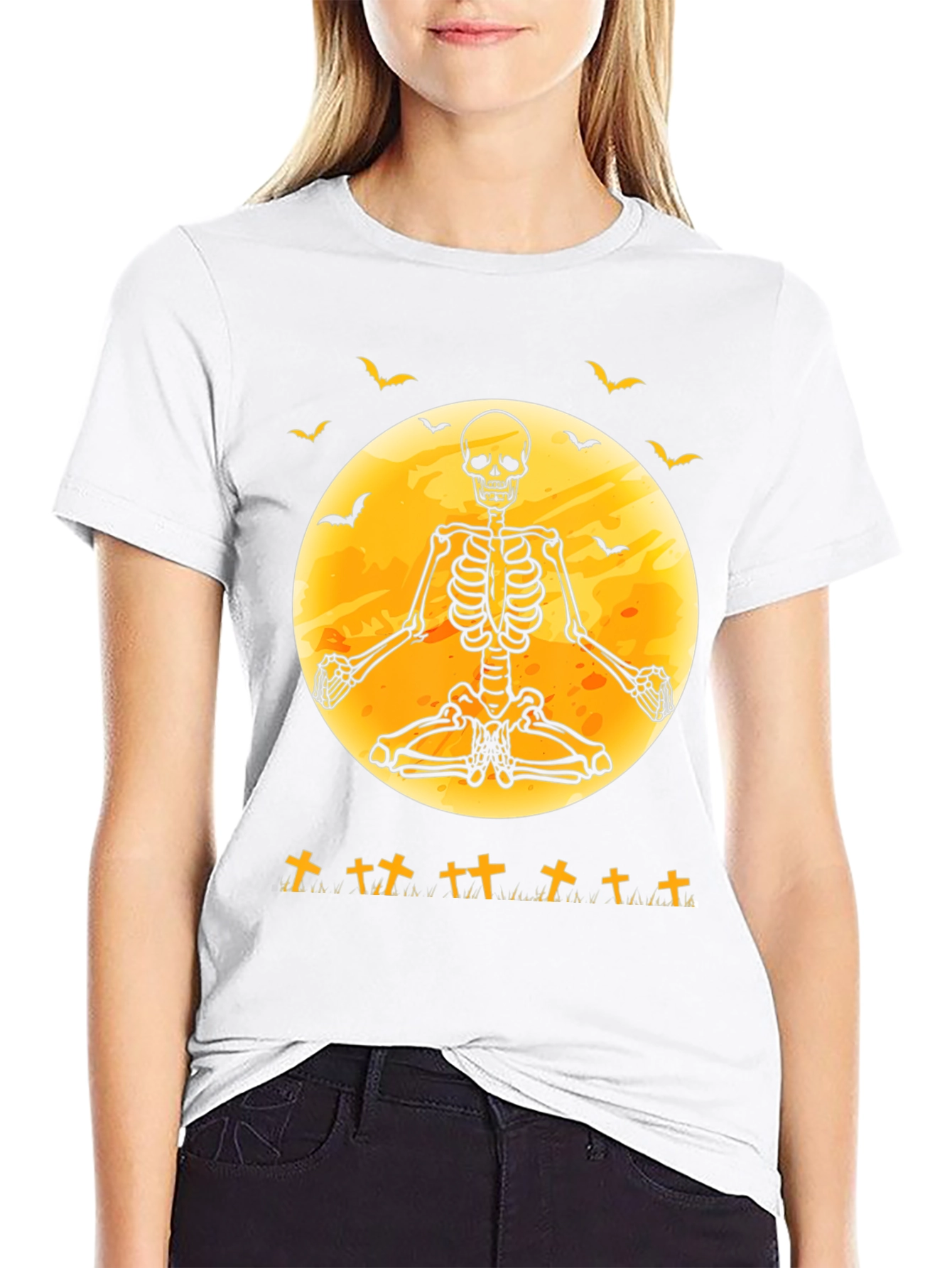 Halloween Skeleton Yoga Moon Black T-Shirt