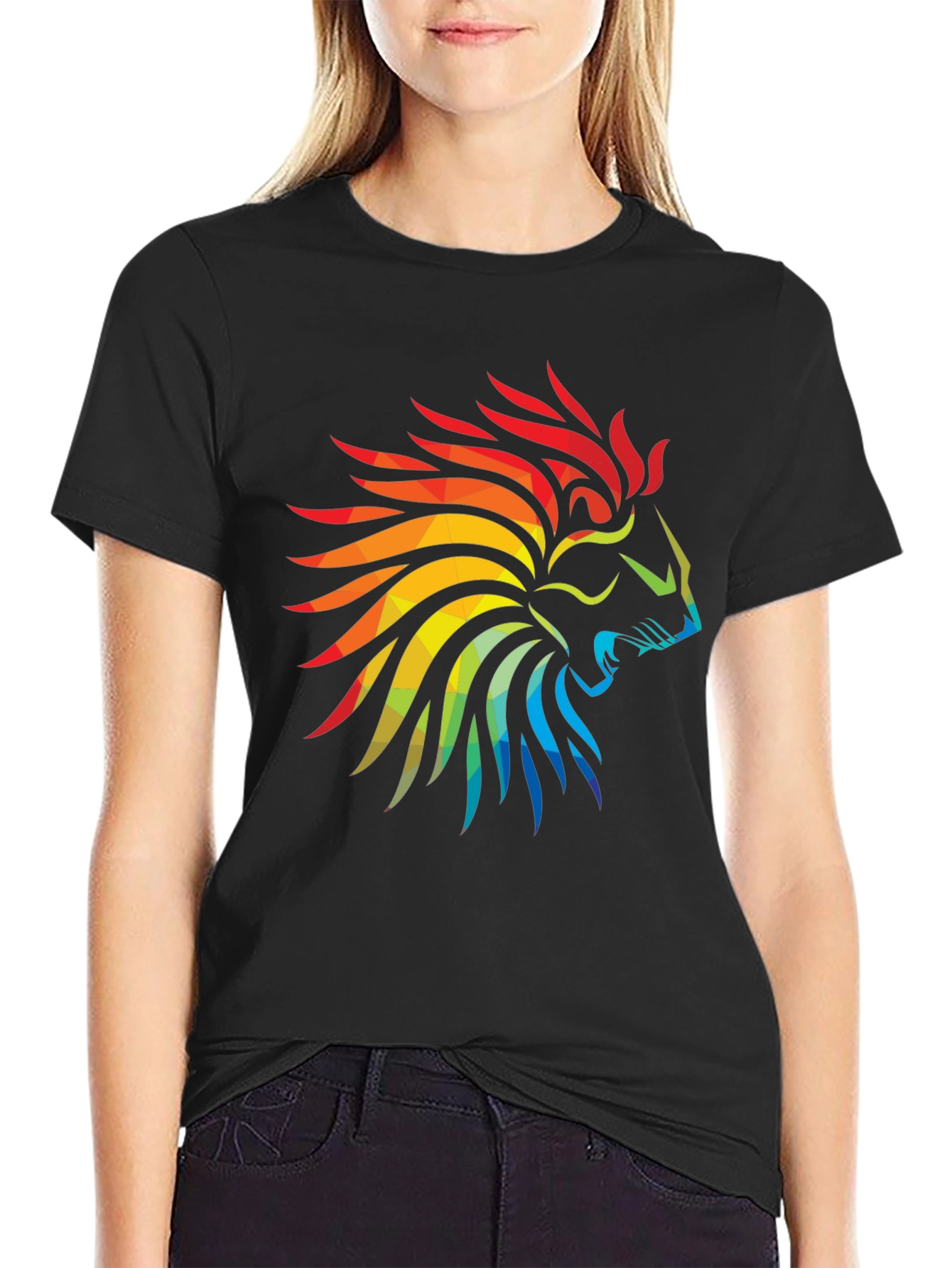 Geometric Lion Head Graphic Black T-Shirt