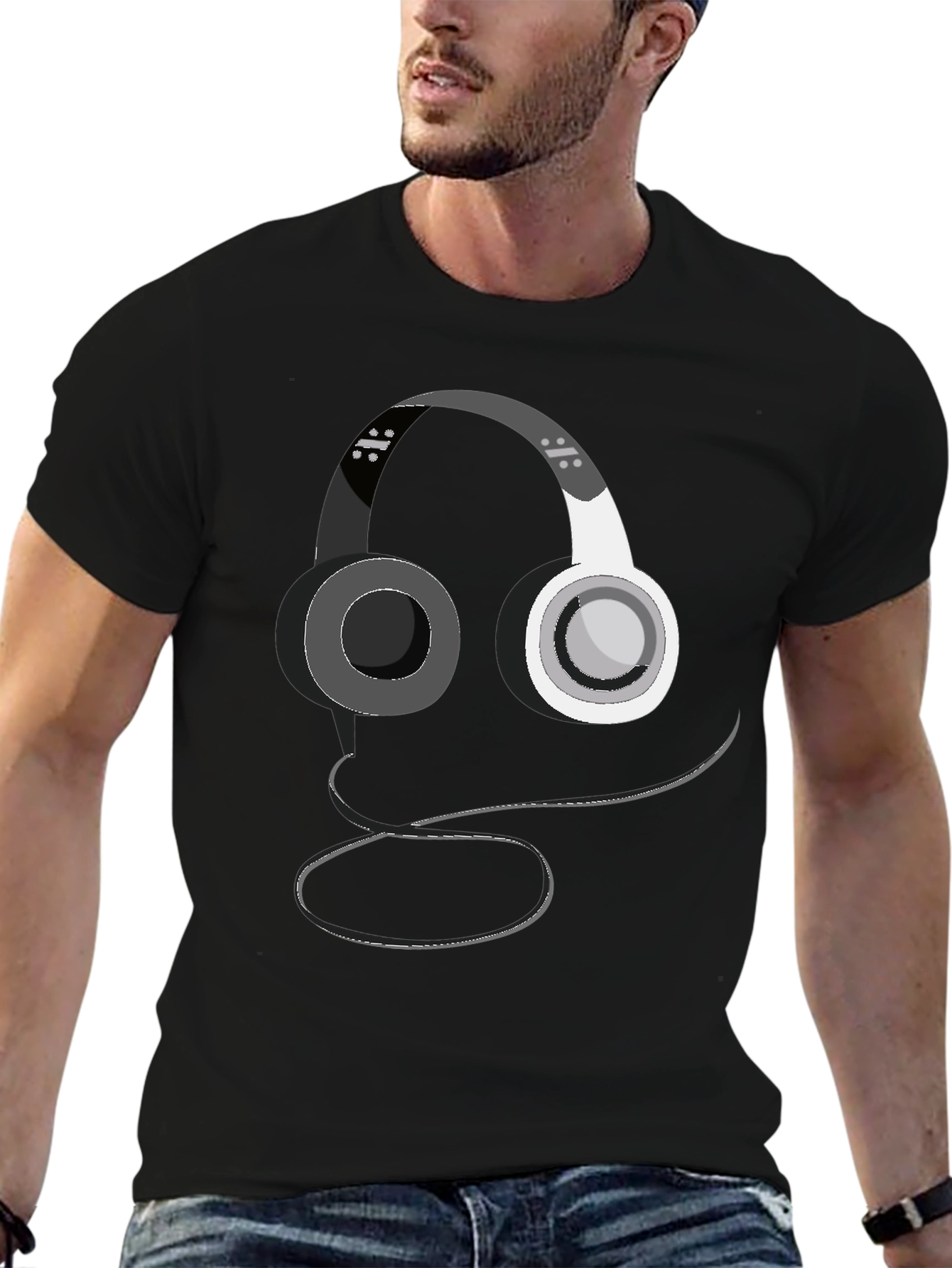 Headphone Graphic Print Black T-Shirt