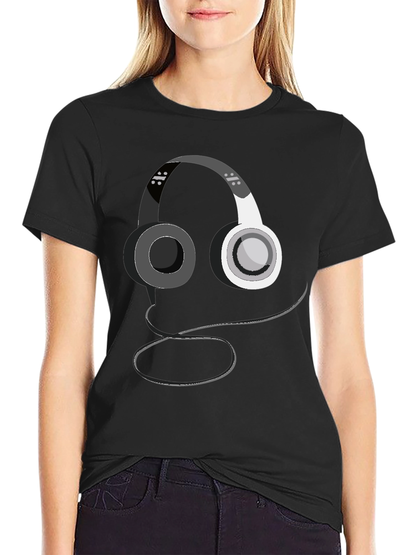 Headphone Graphic Print Black T-Shirt