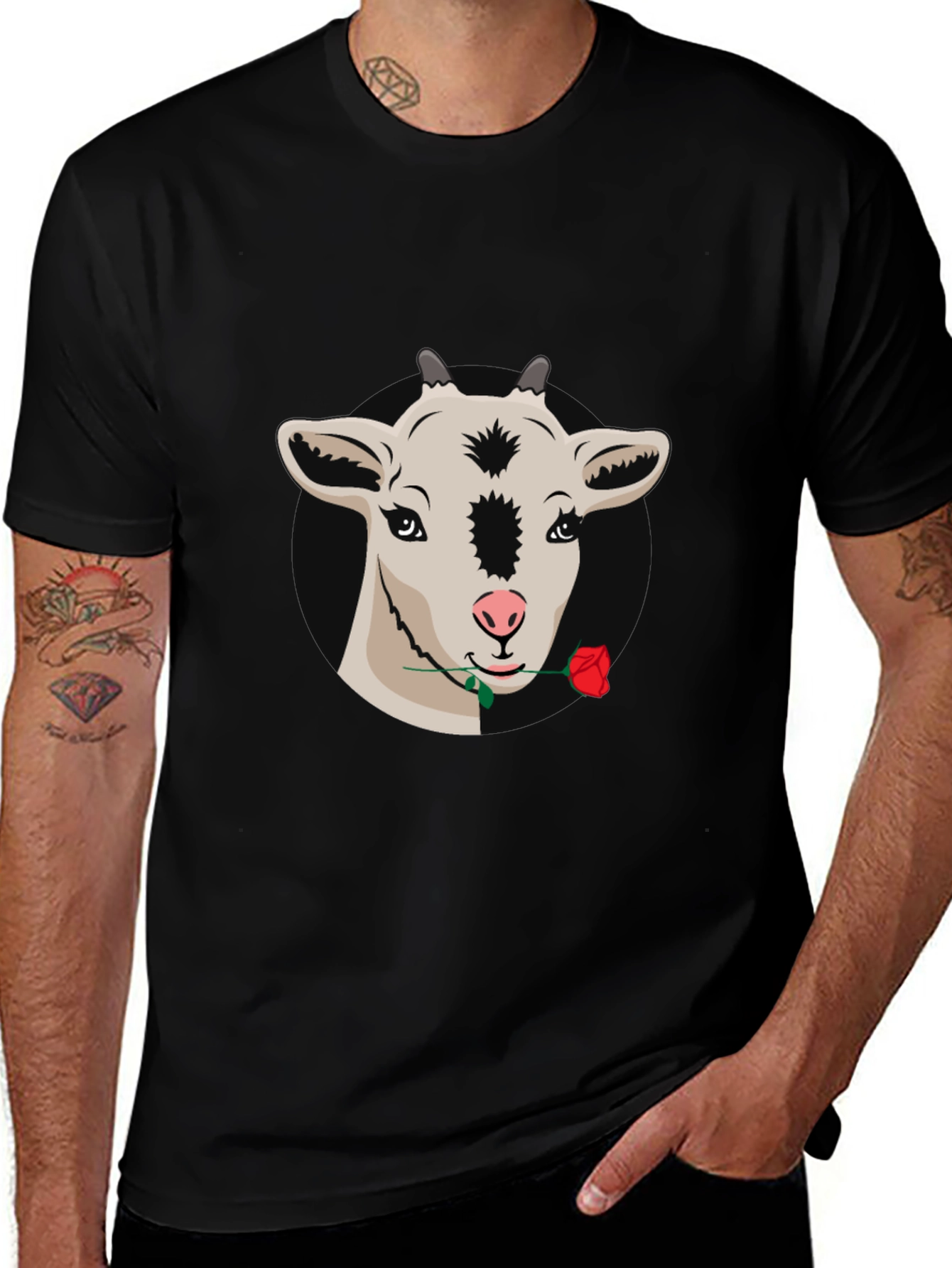 Goat with Rose Graphic Tee - Black Casual T-Shirt