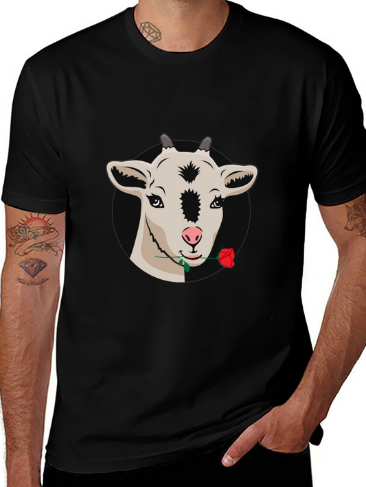 Goat with Rose Graphic Tee - Black Casual T-Shirt