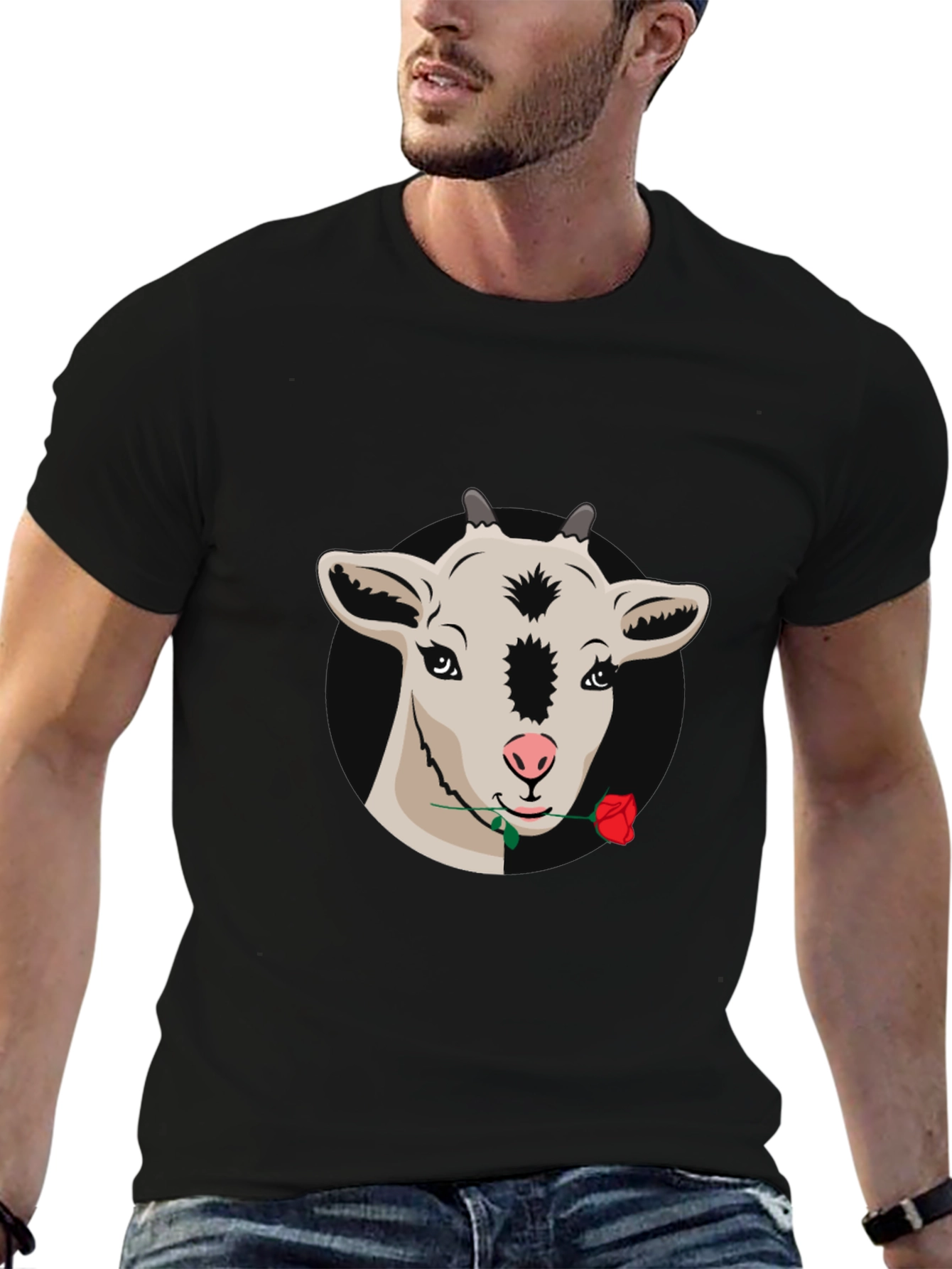 Goat with Rose Graphic Tee - Black Casual T-Shirt