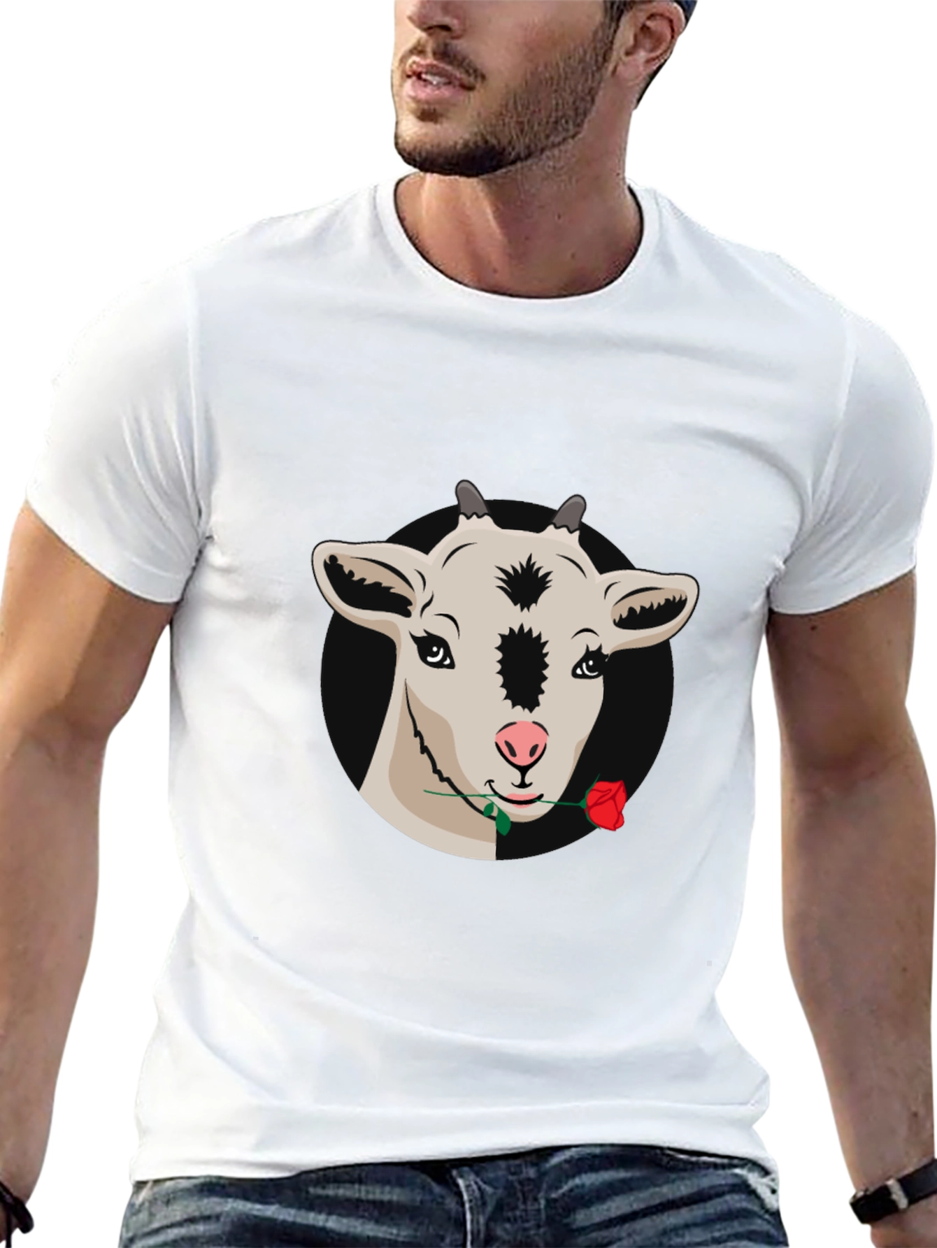 Goat with Rose Graphic Tee - Black Casual T-Shirt