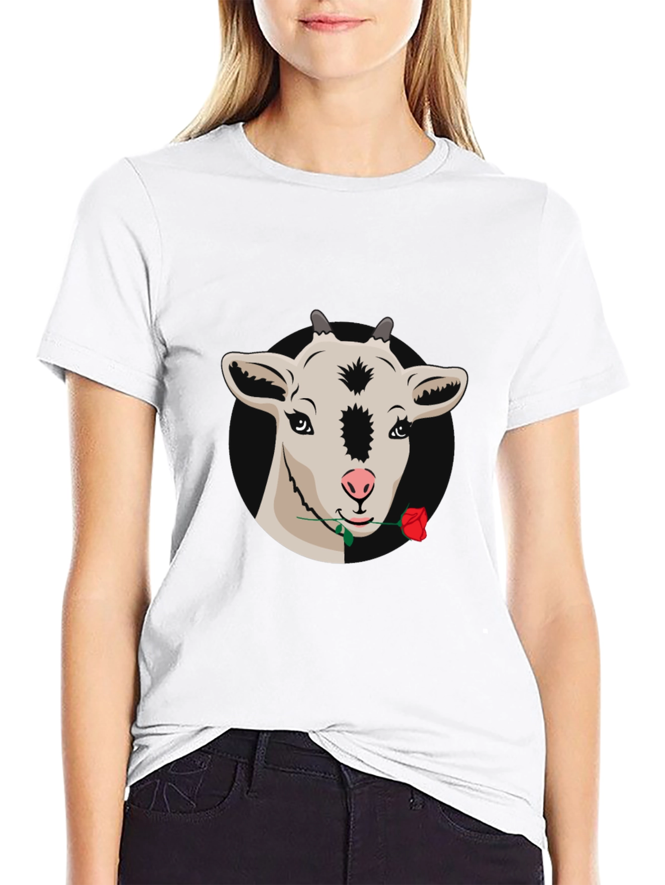 Goat with Rose Graphic Tee - Black Casual T-Shirt