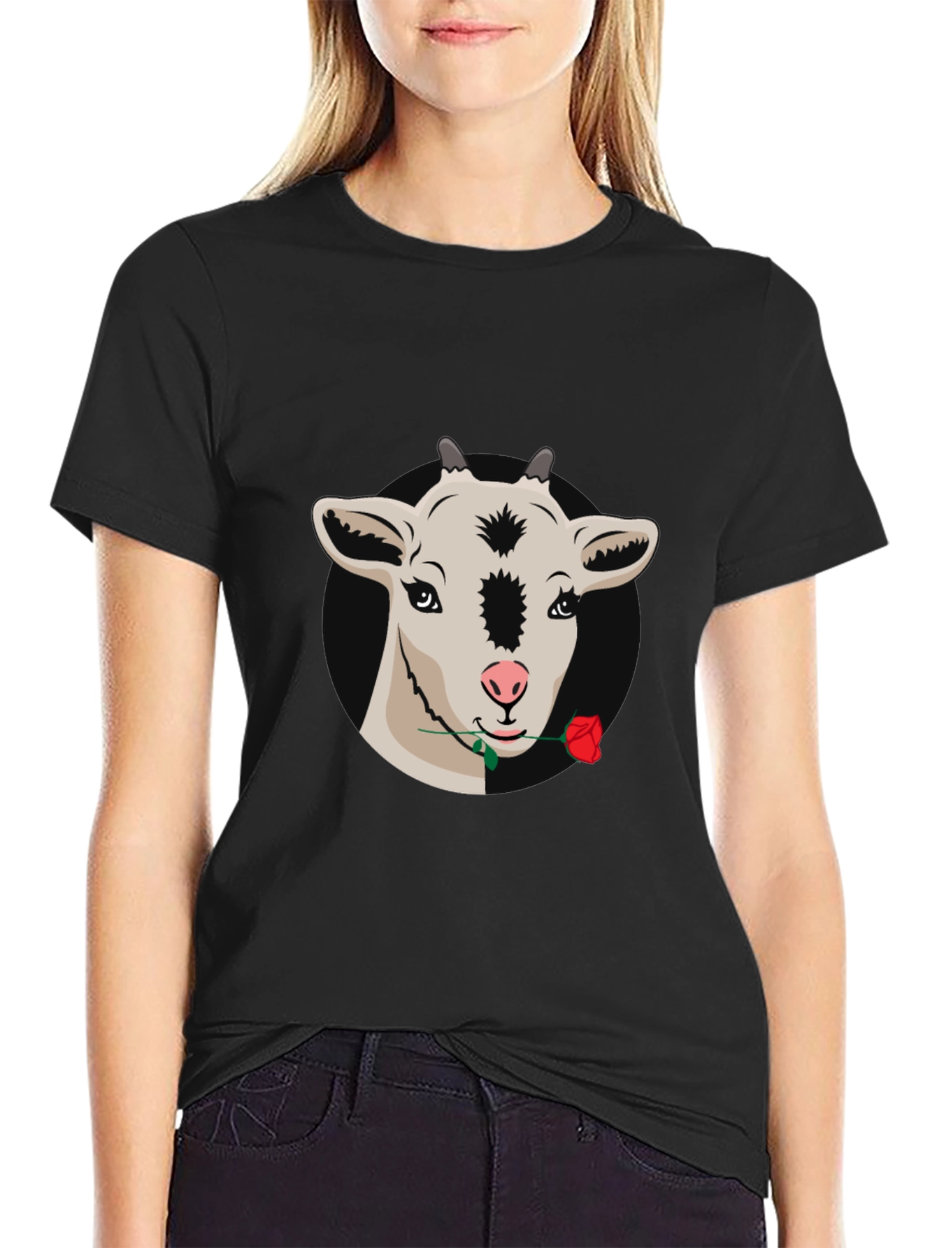 Goat with Rose Graphic Tee - Black Casual T-Shirt