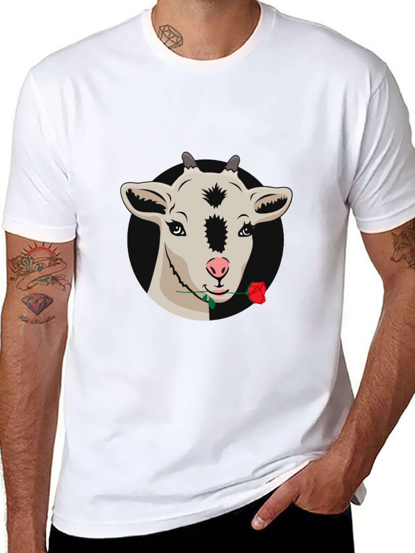 Goat with Rose Graphic Tee - Black Casual T-Shirt