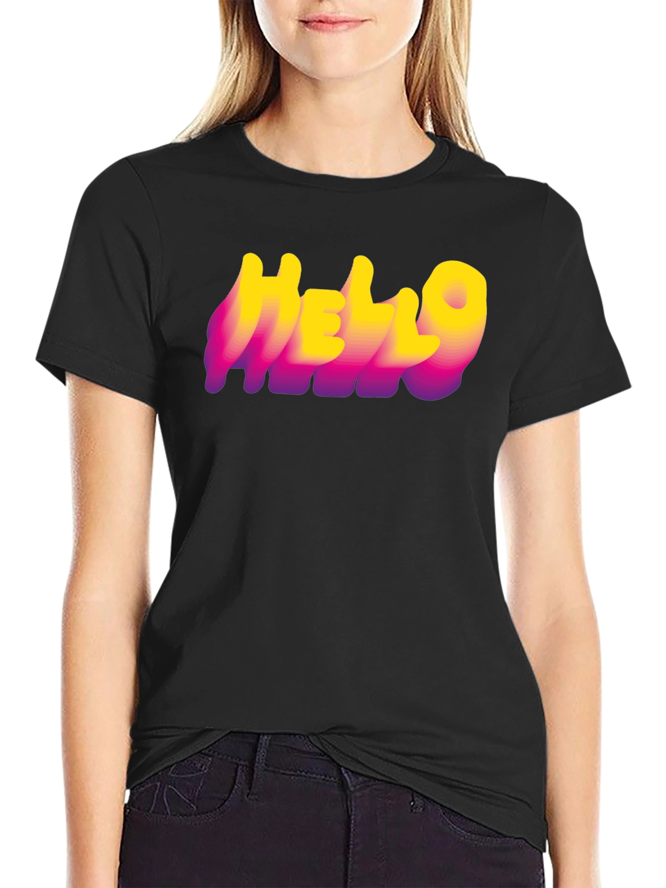 Hello Graphic Print Tee - Black Cotton Blend