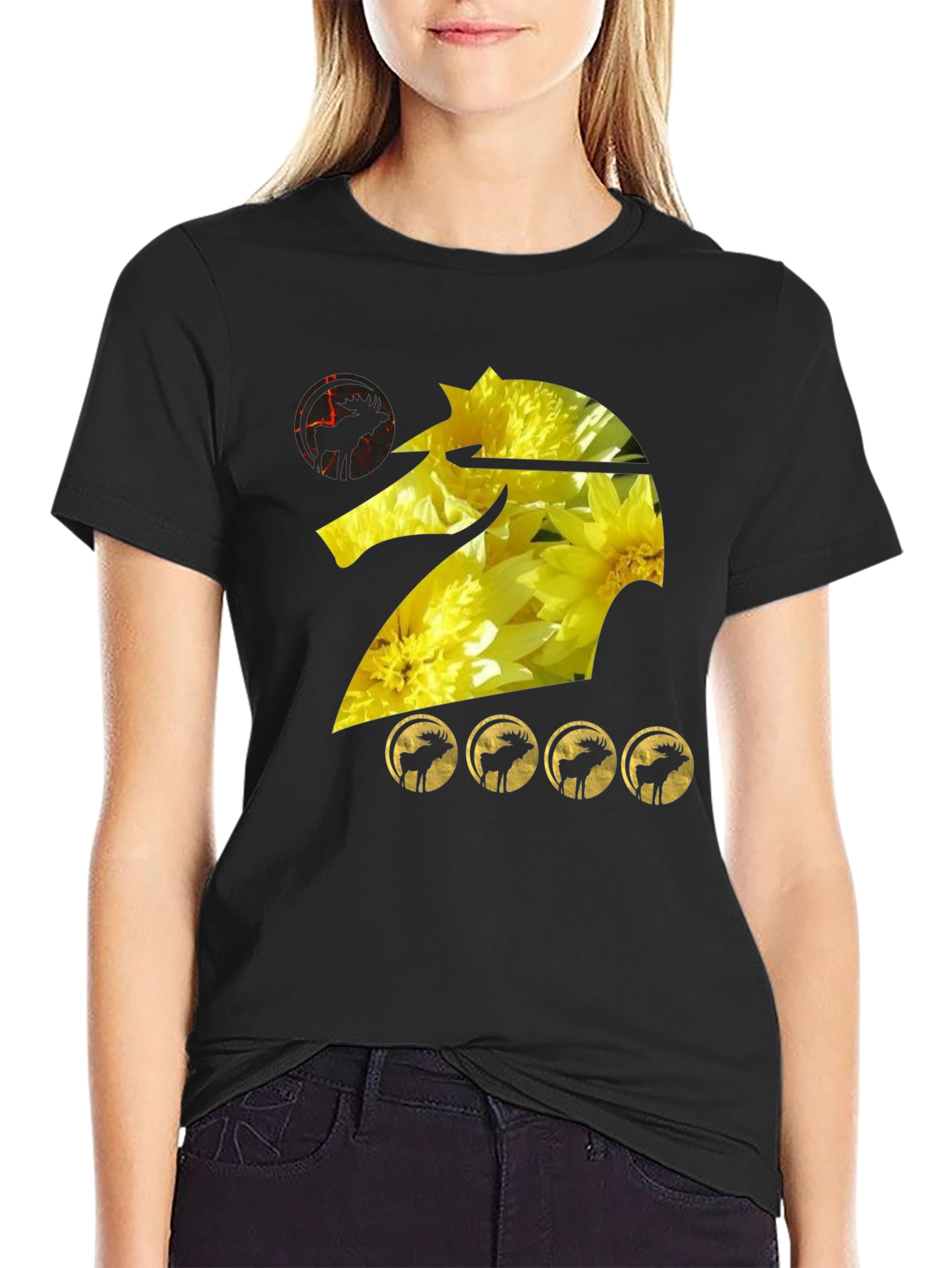 Graphic Tee: Floral Knight with Moose Silhouettes