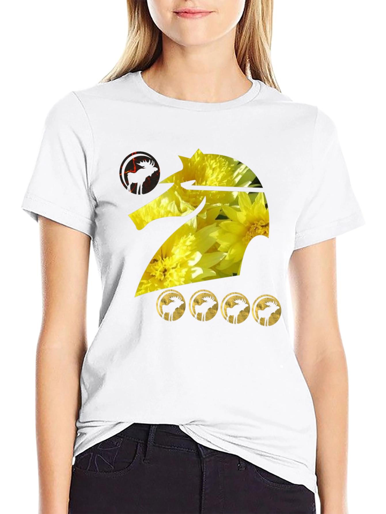 Graphic Tee: Floral Knight with Moose Silhouettes