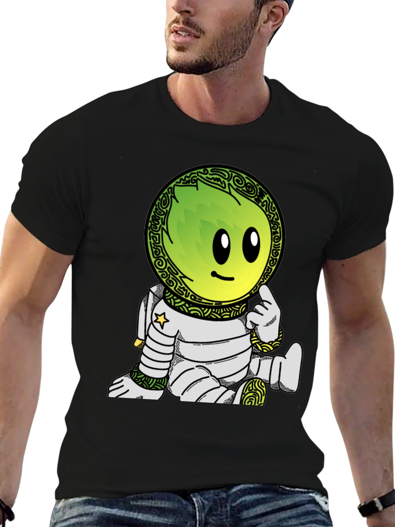 Astronaut Cartoon Graphic Print T-Shirt - Black