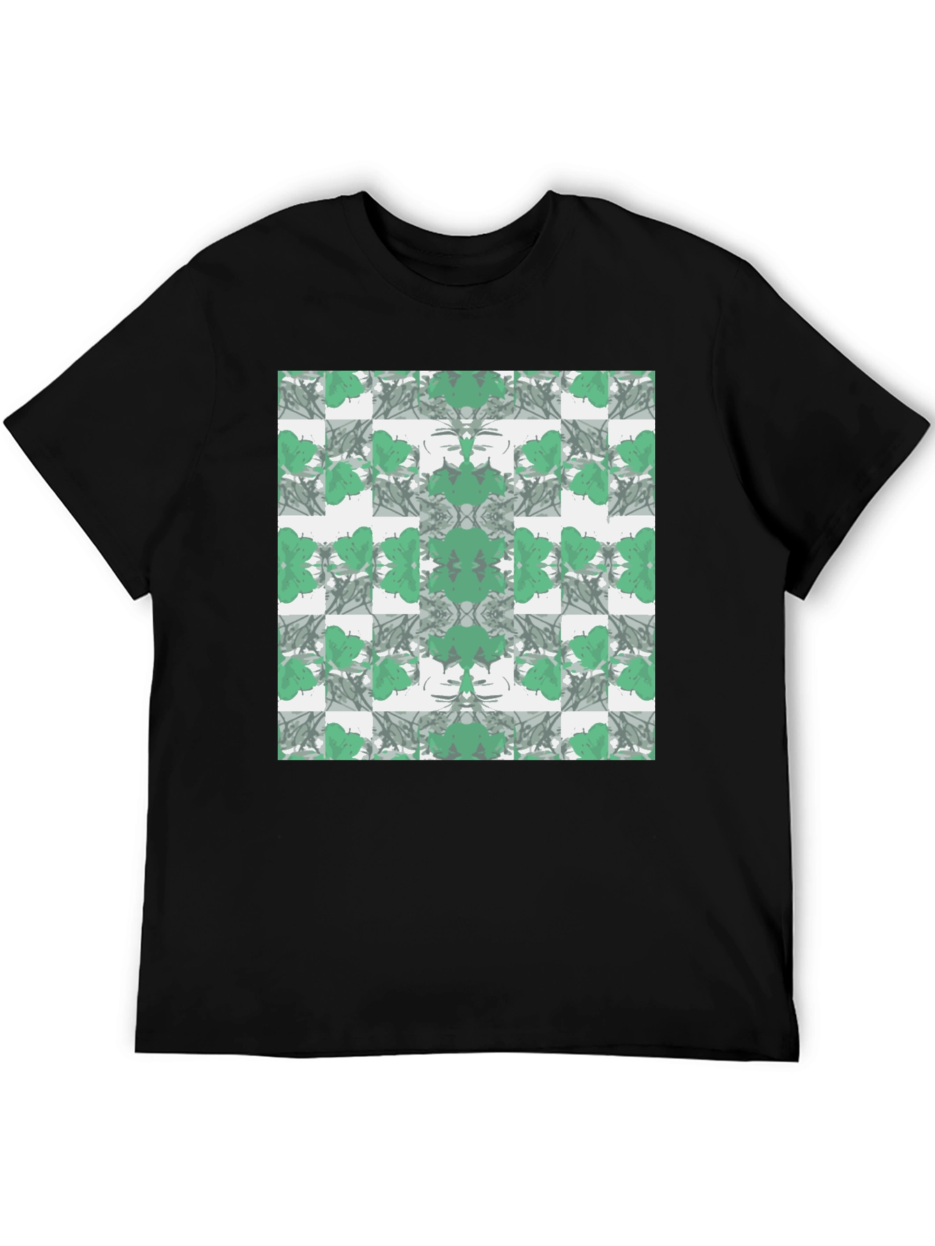 Abstract Green Floral Pattern Black T-Shirt