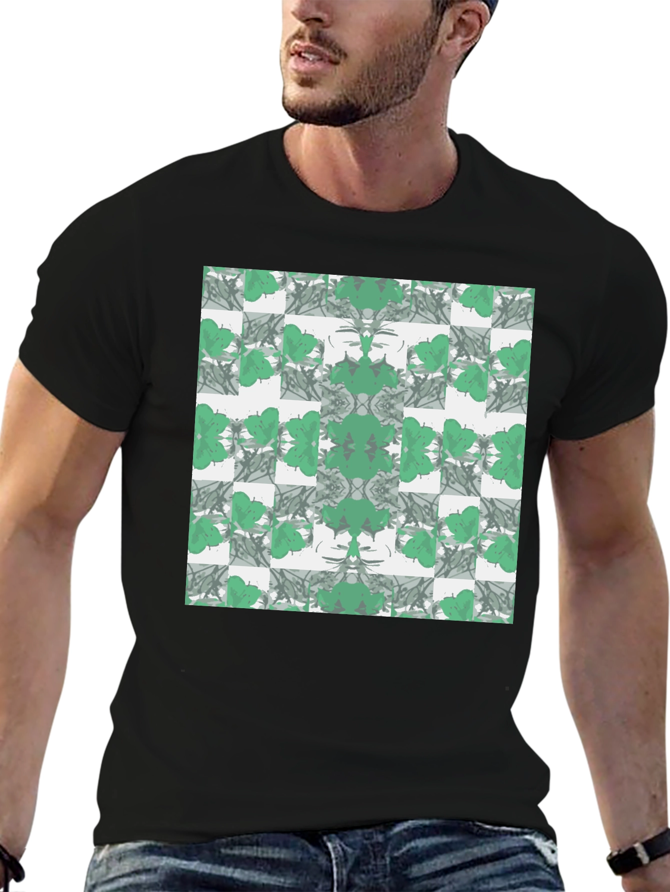 Abstract Green Floral Pattern Black T-Shirt