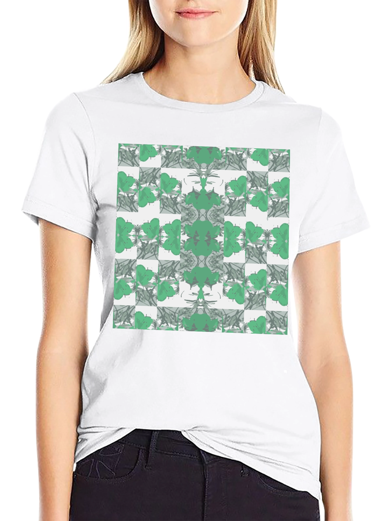 Abstract Green Floral Pattern Black T-Shirt