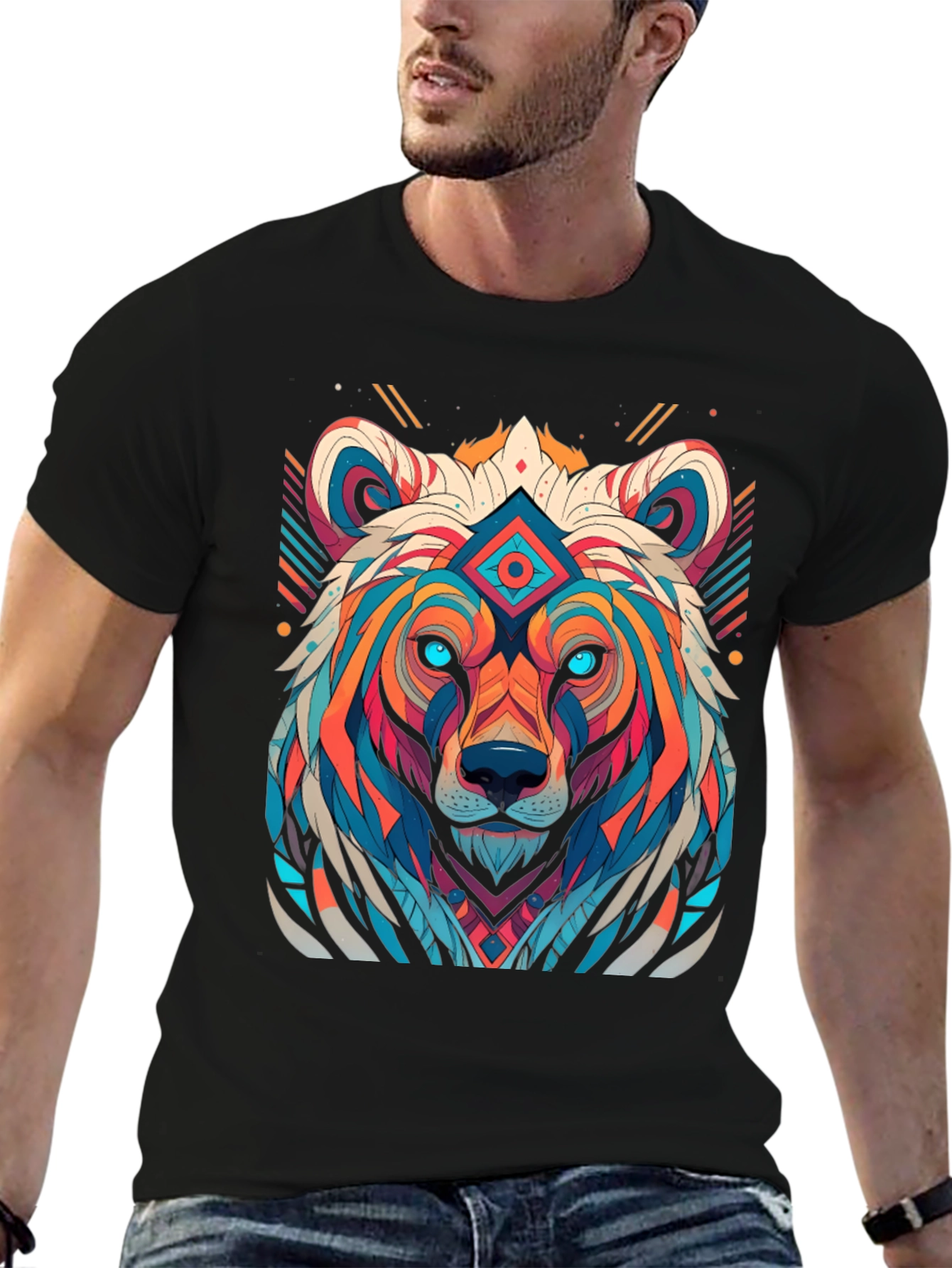 Geometric Bear Graphic Tee - Black