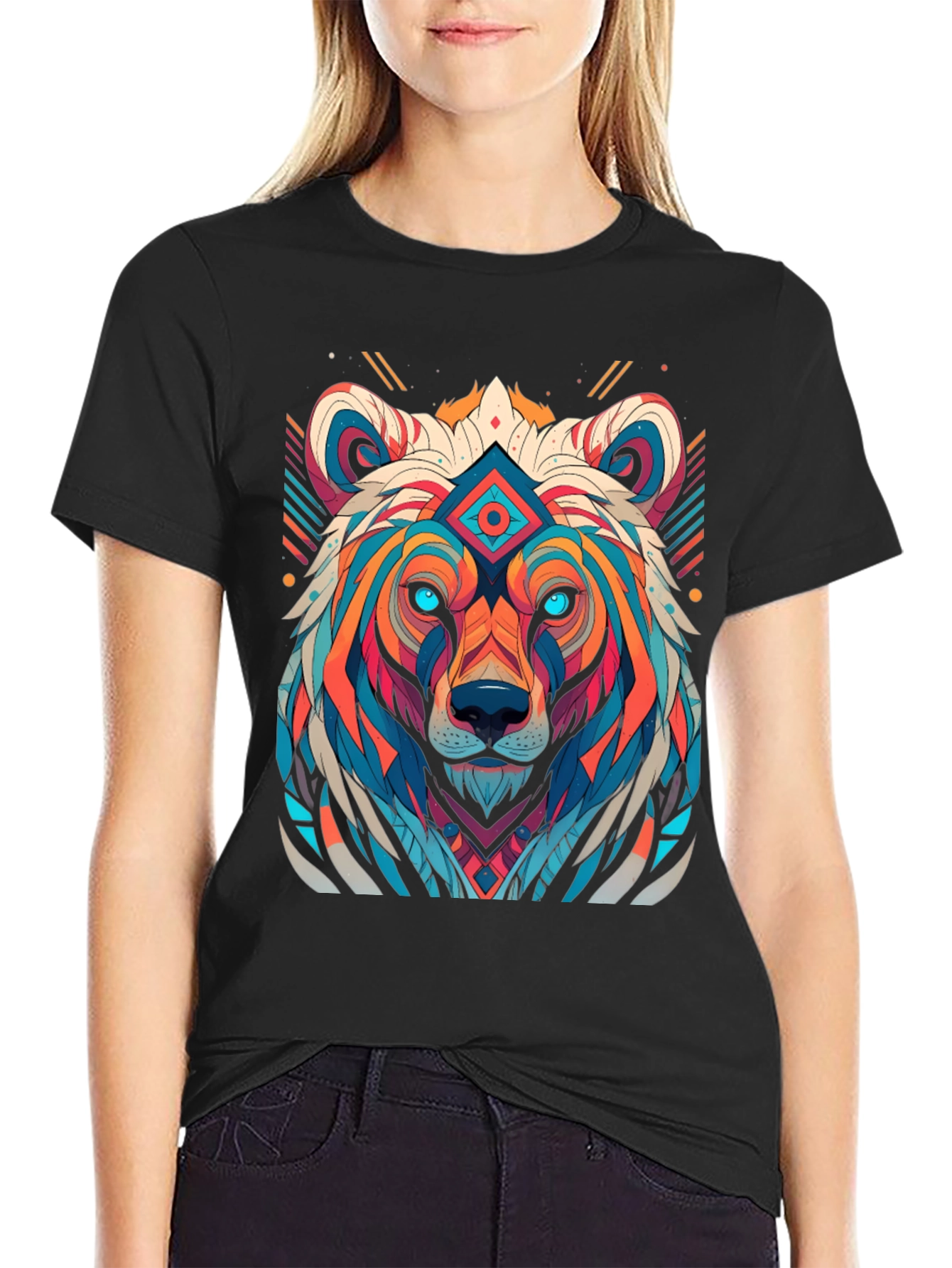 Geometric Bear Graphic Tee - Black