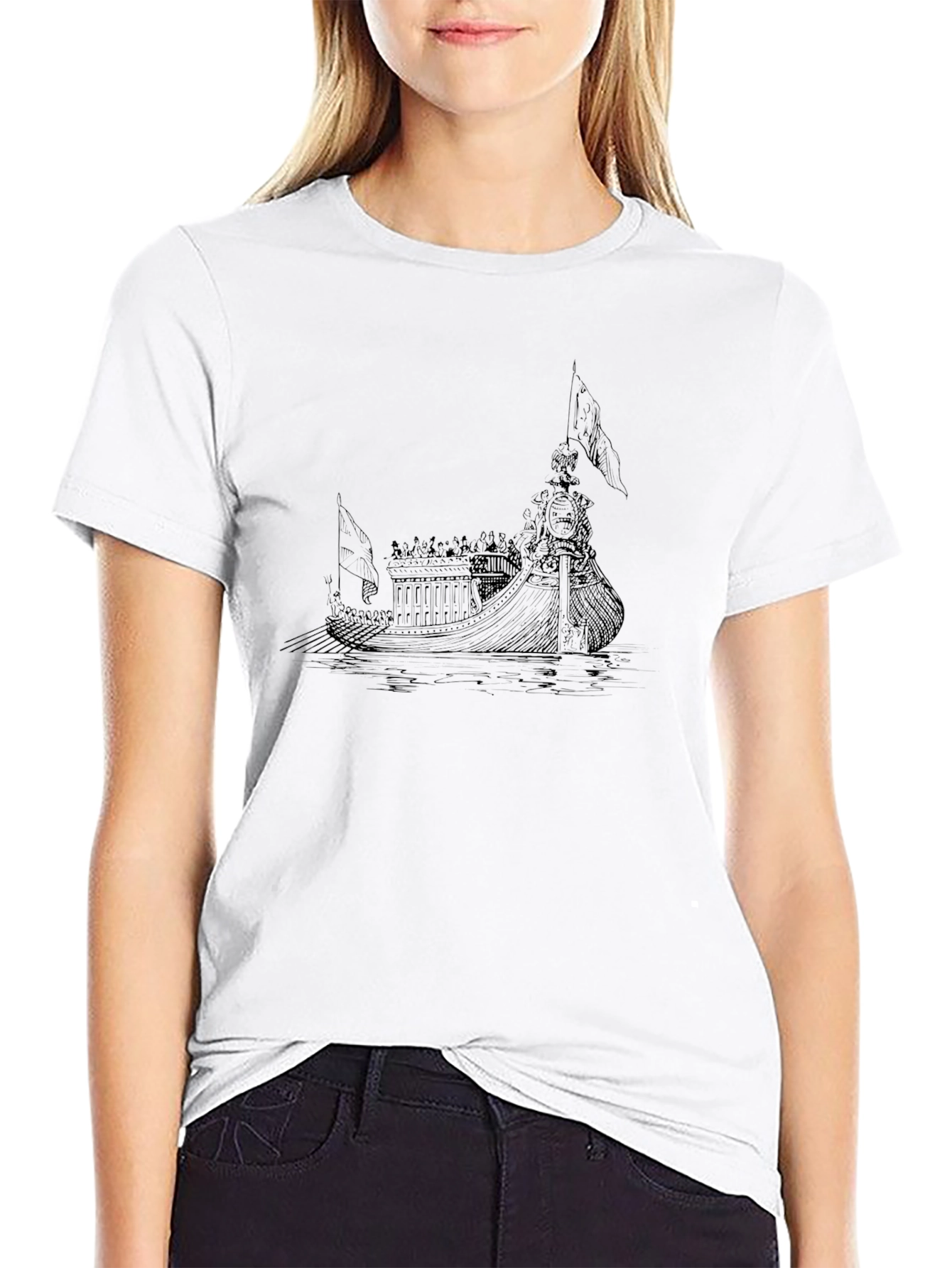 Ancient Ship Graphic Tee - Black Cotton T-Shirt