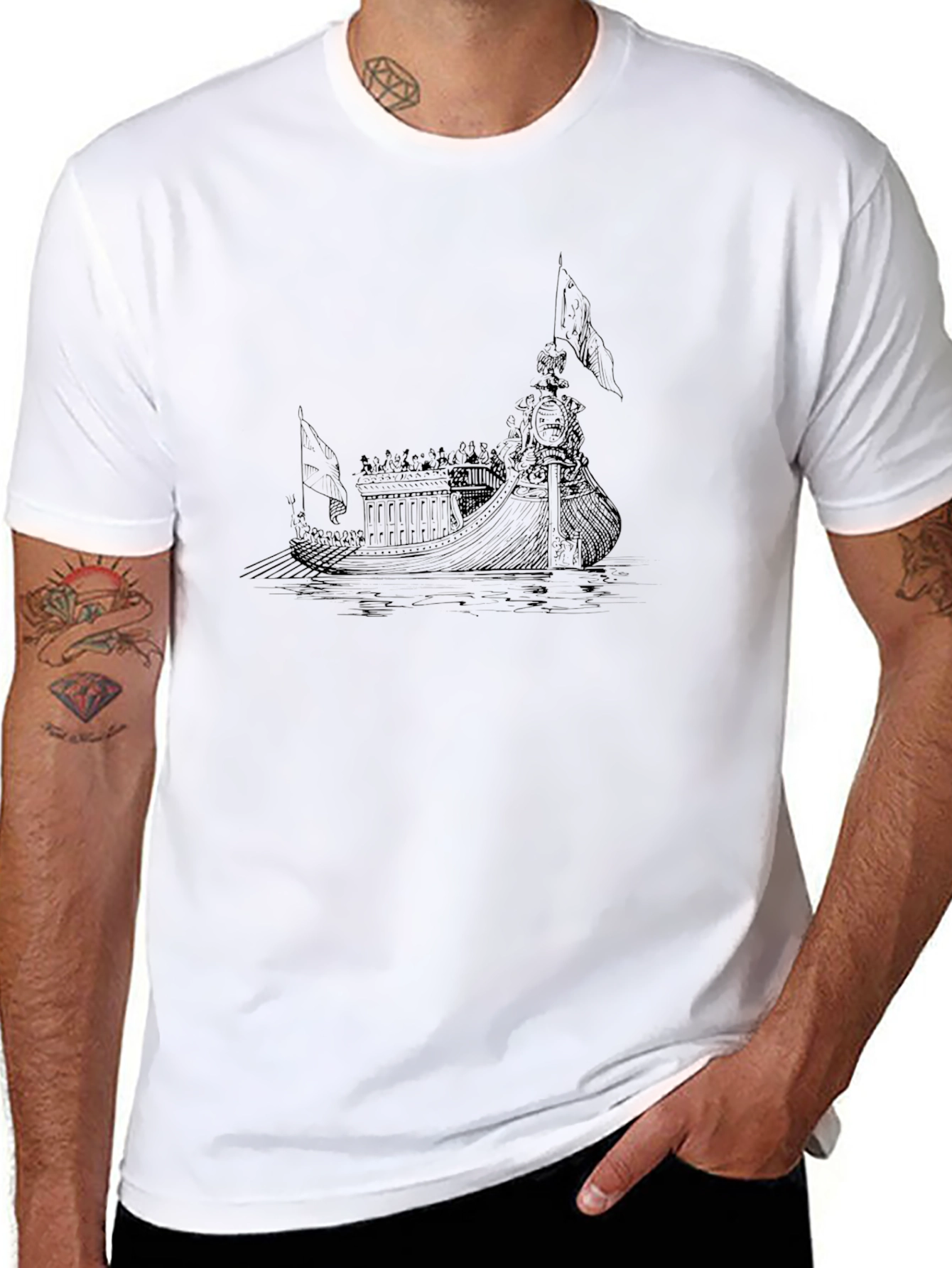Ancient Ship Graphic Tee - Black Cotton T-Shirt