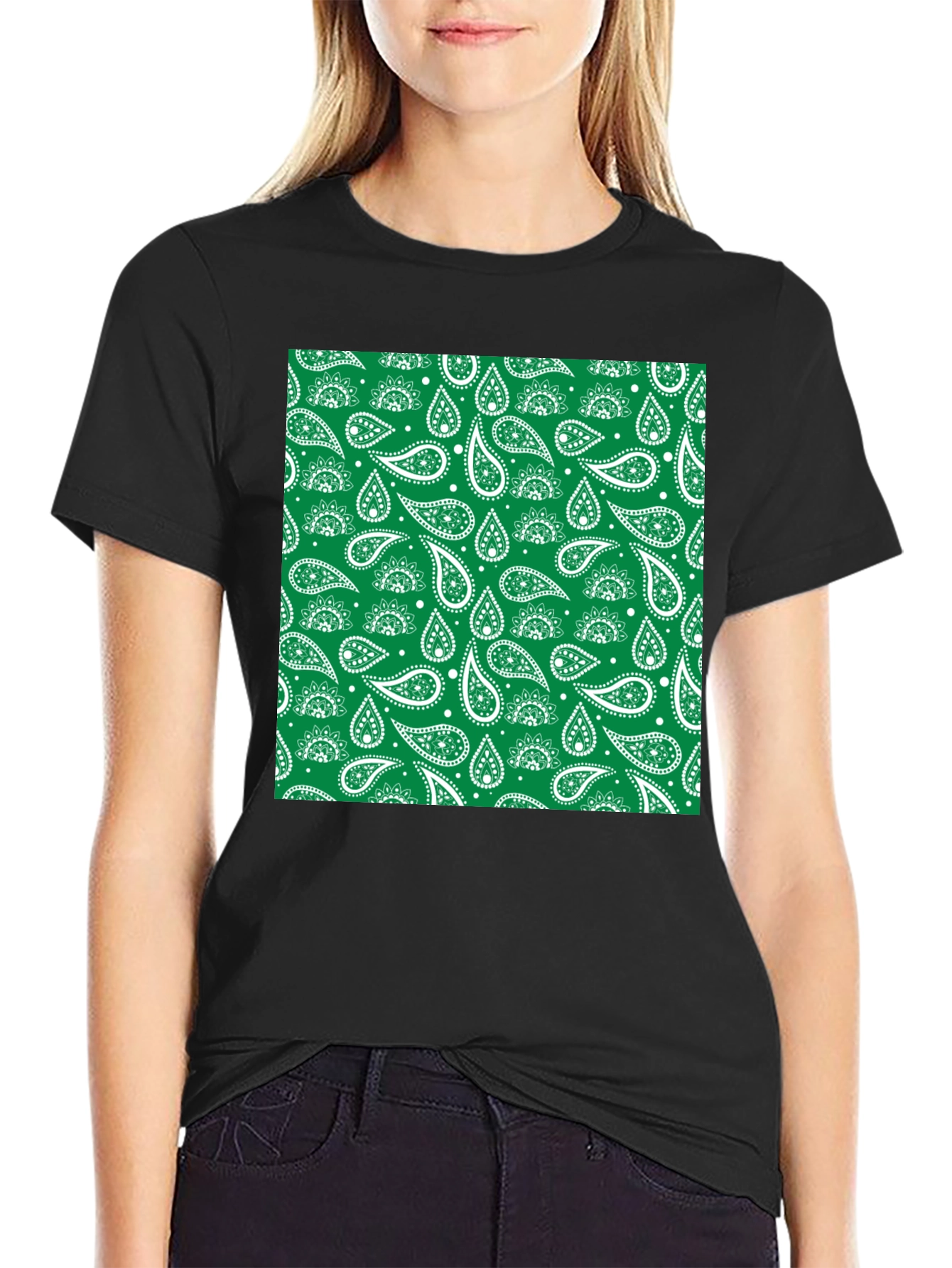 Green Paisley Print Black T-Shirt